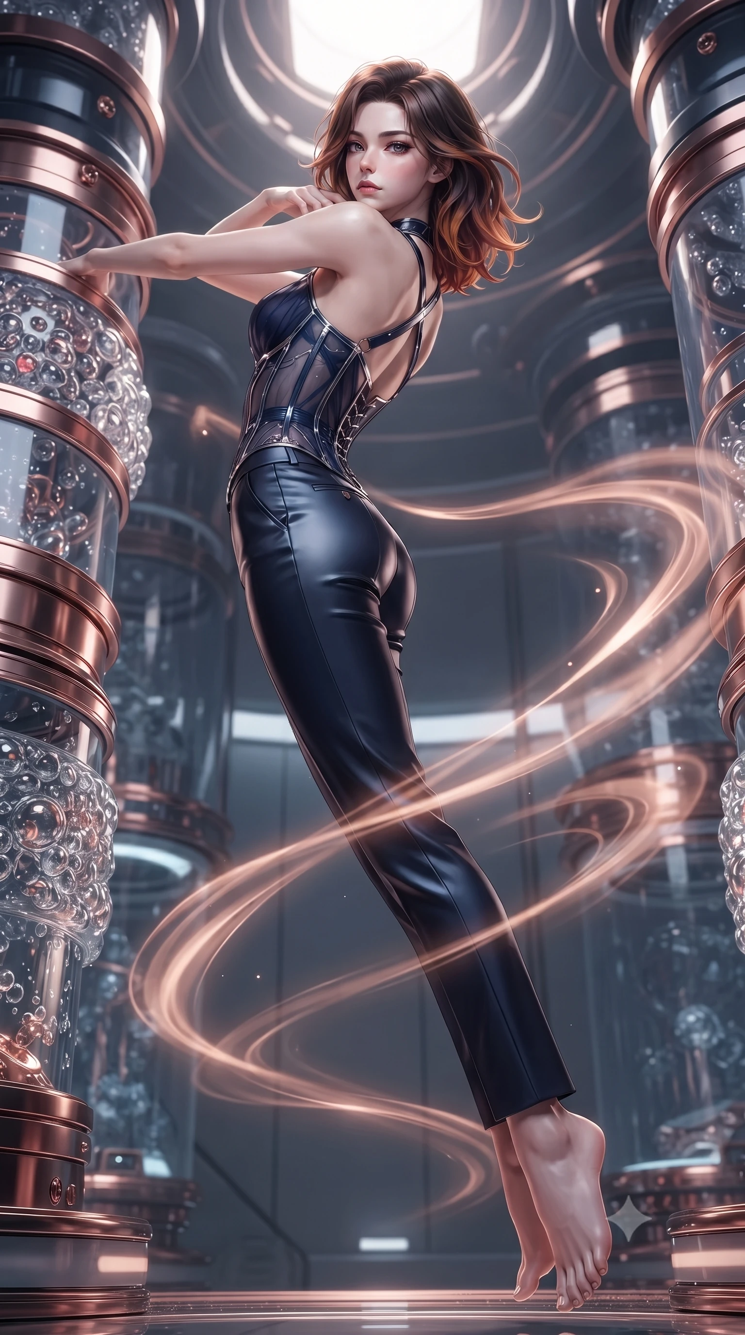 score_9, masterpiece, best quality, ultra-detailed, high-budget anime keyframe, editorial fashion photography, tasteful artistic composition, Korean woman. low angle full-body shot from head to toe showing her feet, filling the entire 9:16 vertical frame with her statuesque presence, stretching her vertical silhouette. performing an alluring mid-air vault with flawless poise, looking directly into the camera with regal, divine intensity while stretching her slender torso in an alluring S-curve as warm rose-gold nano-mist vapors swirl around her bare legs. The surrounding environment is rendered in vivid detail and crisp panoramic clarity. intricate crystal glass cylinder seams, nano-fluid bubble textures, and rose-gold metal fittings in deep focus. She has an absolutely perfect, statuesque 8.5-heads proportion, an exceptionally tall and slender model-like female figure with impossibly long slender legs, a toned flat midriff, and an ultra-slim waist. sharp v-shaped jawline, high-bridge nose, intricate jewel-like eyes with depth, thick eyelashes, glossy lips with a natural sheen, flawlessly proportioned anatomical accuracy, strict slender model proportions, natural body alignment, perfectly sculpted long slender limbs, ultra-slim waistline, clean dynamic posture without body distortion. wearing a structured translucent cyber-corset paired with tailored high-fashion satin trousers that sharply cinch her ultra-slim waist in deep midnight navy blue and pure starlight chrome, made of smooth flowing silk chiffon that shifts colors with movement, complemented by criss-cross back straps highlighting her completely bare spine, the liquid-tight tailored fabric emphasizing every curve of her tall, slender model proportions and sculptured silhouette during dynamic movement. surrounded by a pristine, divine, and breathtakingly beautiful cyber-muse awakening atmosphere. ultra-reflective glossy finish, specular highlights, dark metallic sheen, high-contrast stereoscopic depth, volumetric dynamic lighting, 2k, ultra detail, master piece, 9:16 ratio