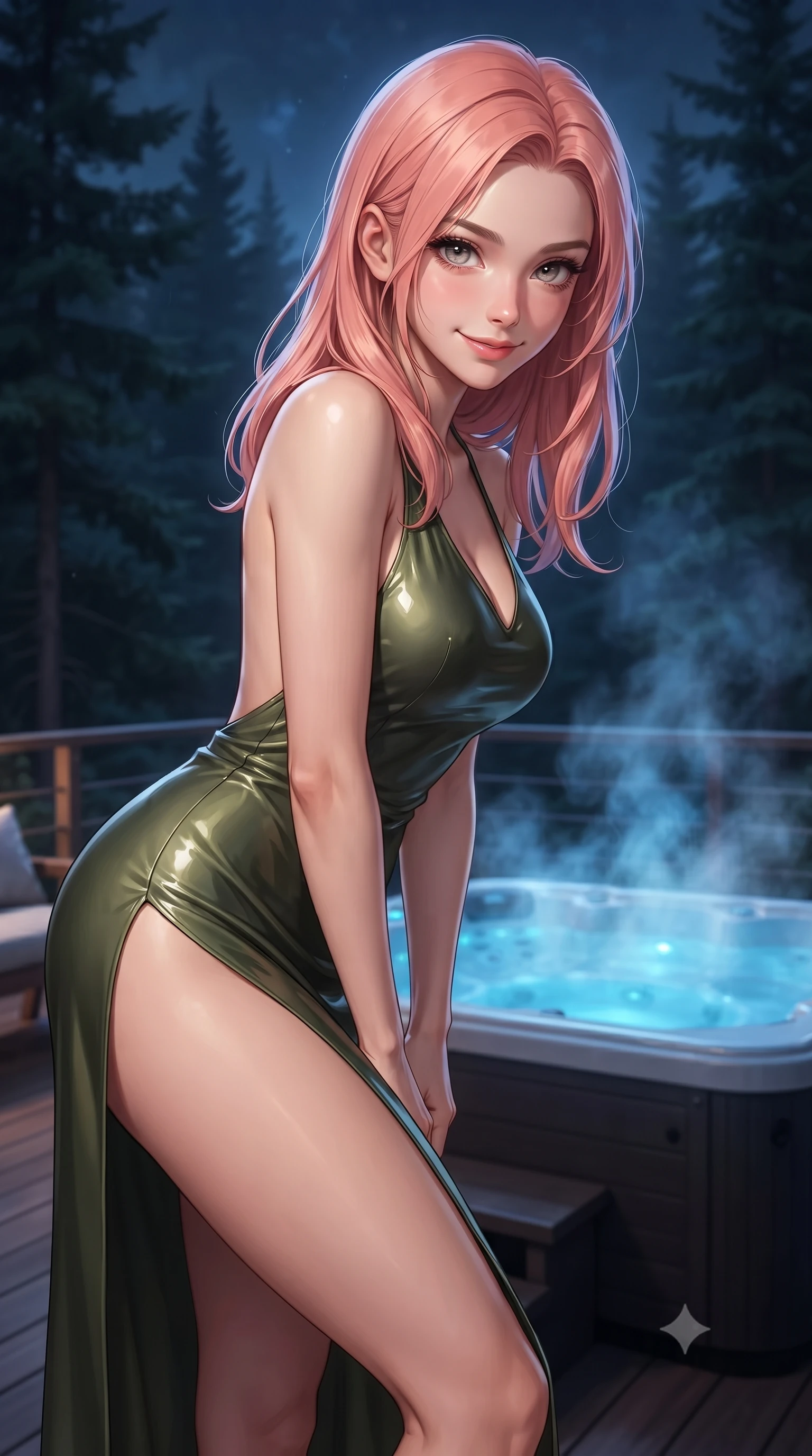 score_9, masterpiece, best quality, ultra-detailed, high-budget anime keyframe, editorial fashion photography, tasteful artistic composition, Japanese woman woman. close-up cowboy shot from the waist and thighs up, the character dominates the composition, filling the frame with her large presence, background elements kept in soft focus. leaning slightly forward with a playful, teasing smile, her gaze locked onto the viewer the background shows a soft-focus a terrace deck of a luxury villa with a private jacuzzi, overlooking a dark pine forest. She has an exceptionally elegant, slender, and willowy female figure with an ultra-slim waist, a gracefully sculpted slender torso, and a refined silhouette. sharp v-shaped jawline, high-bridge nose, intricate jewel-like eyes with depth, thick eyelashes, glossy lips with a natural sheen. wearing a slim-fit dramatic open-back maxi dress in olive green, featuring a high thigh slit. the warm steam rising into the cool night air, catch in the blue jacuzzi lights. ultra-reflective glossy finish, specular highlights, metallic sheen, high-contrast stereoscopic depth, volumetric dynamic lighting, 2k, ultra detail, master piece, 9:16 ratio