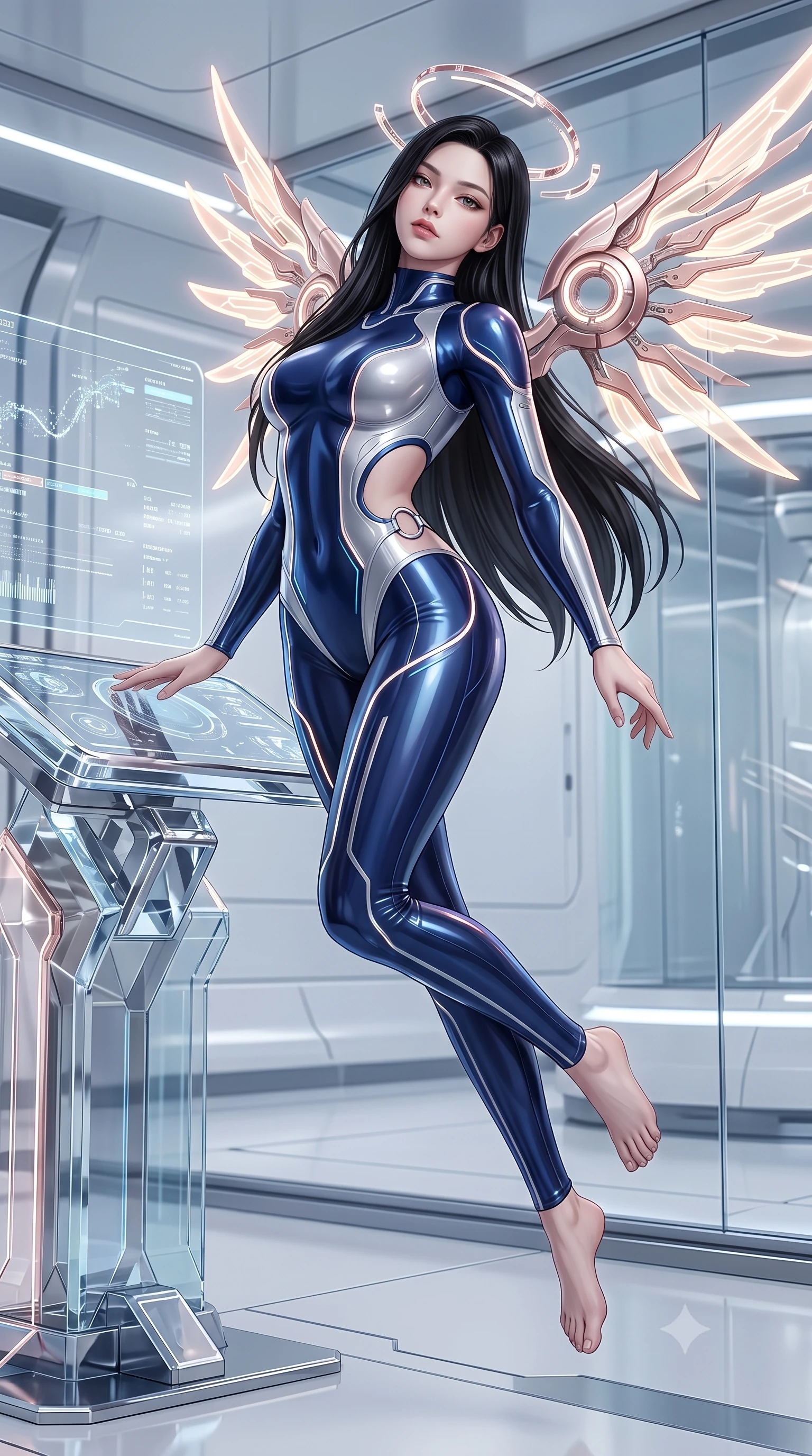 score_9, masterpiece, best quality, ultra-detailed, high-budget anime keyframe, semi-realistic 3D game render, editorial fashion photography, tasteful artistic composition, Korean woman. low angle full-body shot from head to toe showing her feet, filling the entire 9:16 vertical frame with her statuesque presence, stretching her vertical silhouette. arching her back gracefully in mid-air as glowing mechanical wings and floating cybernetic halos frame her statuesque presence while resting one hand on the polished crystal glass with a serene, newly-awakened goddess gaze looking directly into the camera. The surrounding environment is rendered in vivid detail and crisp panoramic clarity. high-key pristine laboratory luxury and cyber-genesis aesthetics captured with environmental precision. She has an absolutely perfect, statuesque 8.5-heads proportion, an exceptionally tall and slender model-like female figure with impossibly long slender legs, a toned flat midriff, and an ultra-slim waist. sharp v-shaped jawline, high-bridge nose, intricate jewel-like eyes with depth, thick eyelashes, glossy lips with a natural sheen, flawlessly proportioned anatomical accuracy, strict slender model proportions, natural body alignment, perfectly sculpted long slender limbs, ultra-slim waistline, clean dynamic posture without body distortion. wearing a statuesque midnight cobalt and polished platinum bodysuit featuring sleek aerodynamic contour lines and glowing circuit accents in sculpted rose gold and luminescent champagne ivory, tailored from semi-translucent cybernetic vinyl with glowing micro-filaments, detailed with polished silver rings connecting the daring side-waist cutouts, the sleek second-skin cut tightly hugging her graceful clavicle, narrow waist, and feminine curves with athletic precision. surrounded by a pristine, divine, and breathtakingly beautiful cyber-muse awakening atmosphere. rich saturated anime colors with glowing neon highlights, detailed shading with soft gradients, rich glossy textures, high-contrast stereoscopic depth, volumetric dynamic lighting, master piece, 9:16 ratio
