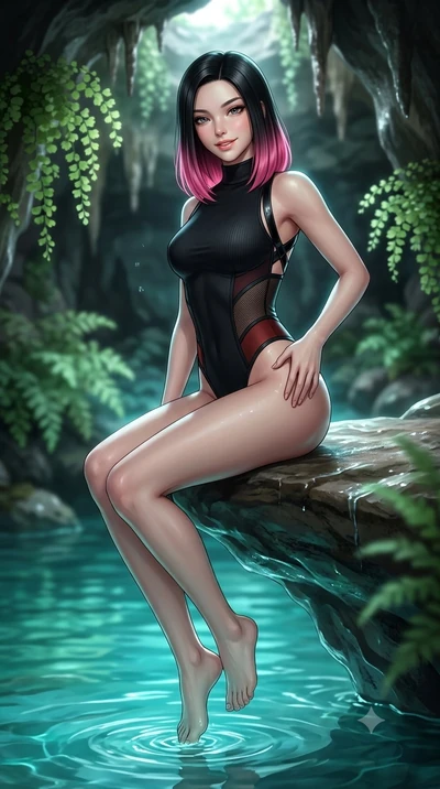 Korean woman. tilting her head with a teasing half-smile, running one hand slowly down the side of her hip in a flirtatious S-curve as ambient light caresses her silhouette while sitting perched on the smooth grotto rock ledge with legs dangling gracefully in the crystal water, flashing a radiant yet seductive half-smile. The background shows a...