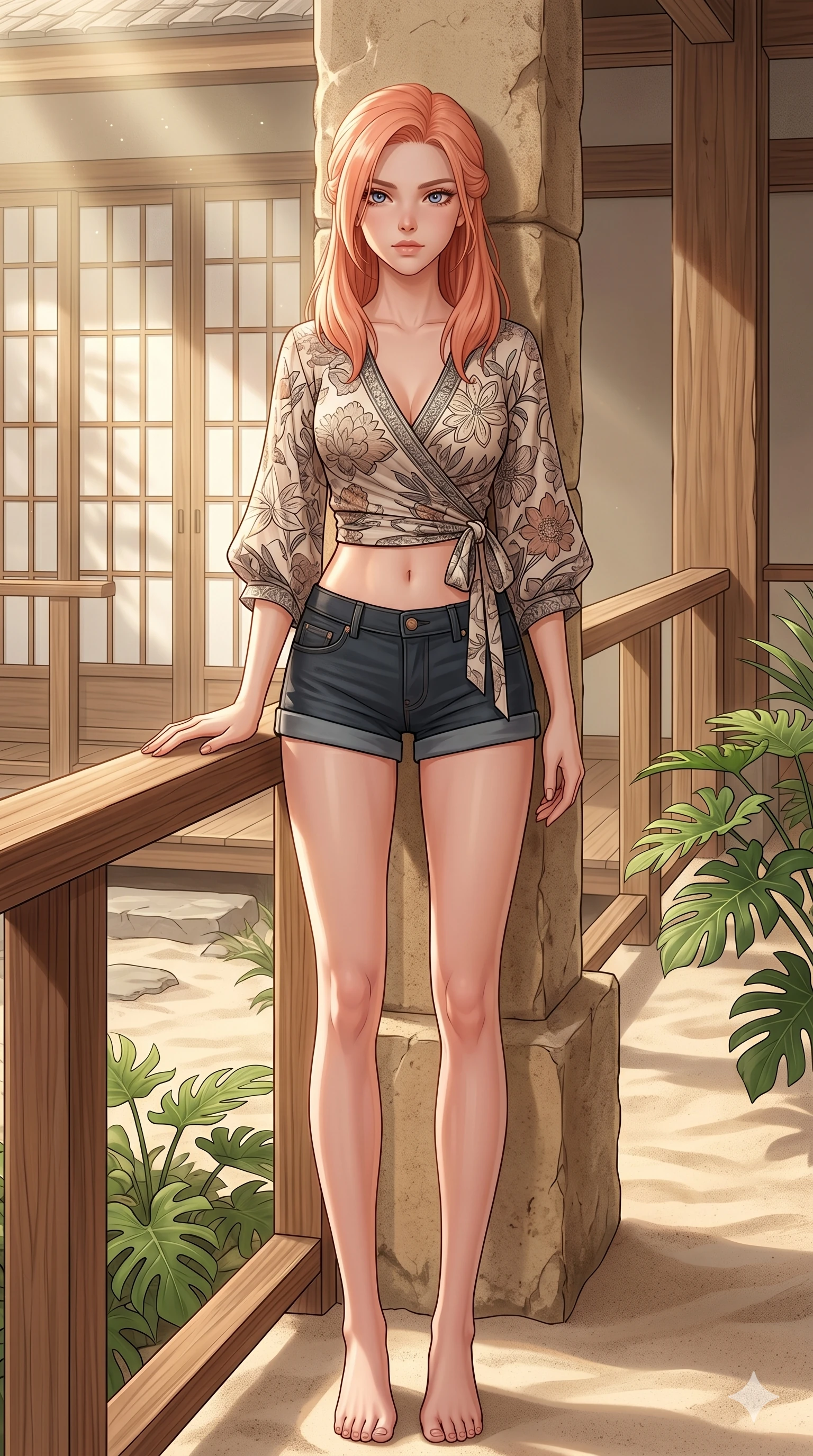 score_9, masterpiece, best quality, ultra-detailed, high-budget anime keyframe, editorial fashion photography, tasteful artistic composition, Japanese woman. cowboy shot from the thighs up, character and outfit filling the frame for maximum editorial presence. resting one hand on the wooden railing, casting a bedroom-eyes gaze leaning against a stone pillar in a quiet courtyard of a beach villa (Code-P19-110). She has an absolutely perfect 8-heads proportion, an exceptionally tall and slender female figure with impossibly long slender legs and an ultra-slim waist. V-shaped jawline, high-bridge nose, intricate jewel-like eyes with depth, thick eyelashes, glossy lips with a natural sheen. wearing a wrap top exposing her bare midriff and micro-shorts on the sand. soft warm morning sunbeams filtering through the resort shoji, casting a gentle glow. 2k, ultra detail, master piece, 9:16 ratio