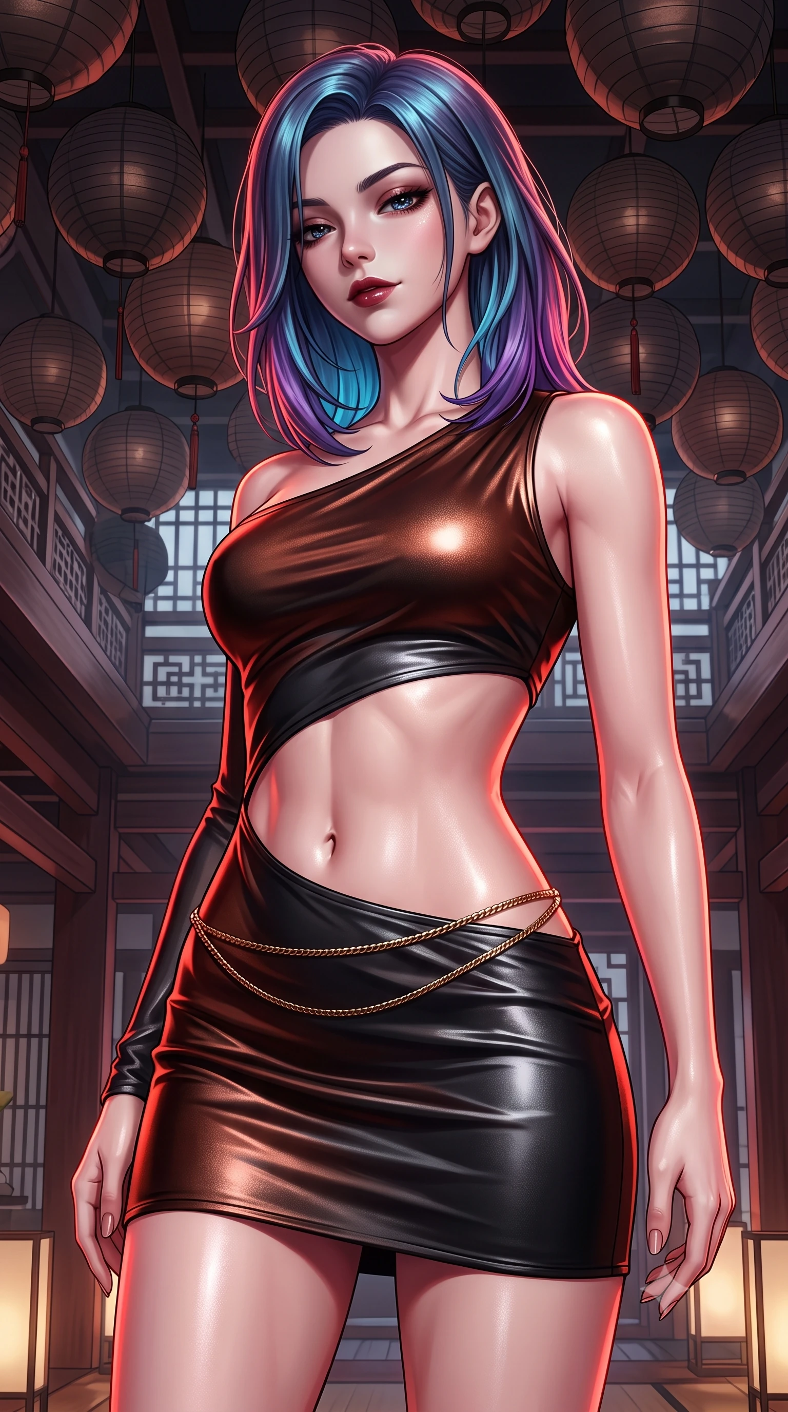 score_9, masterpiece, best quality, ultra-detailed, high-budget anime keyframe, semi-realistic 3D game render, editorial fashion photography, tasteful artistic composition, Caucasian woman. close-up cowboy shot from the waist and thighs up, the character dominates the composition, filling the frame with her large presence. glancing down over lowered lashes before meeting the camera with quiet, devastating intensity, her tailored outfit tracing her ultra-slim waist and hips while twisting her slender torso in an alluring contrapposto stance beneath a canopy of dark paper lanterns, her fitted outfit accentuating her hips and waist. The surrounding environment is rendered in vivid detail and crisp panoramic clarity. detailed garment weave, glossy lips sheen, and contemporary oriental interior architecture in high clarity. She has an exceptionally elegant, slender, and willowy female figure with an ultra-slim waist, flat toned midriff, narrow ribcage, and sculpted feminine hips creating an alluring, slim hourglass silhouette without bulk. sharp v-shaped jawline, high-bridge nose, intricate jewel-like dark sparkling eyes with dangerous depth, thick curled eyelashes, glossy parted lips with a rich wine sheen, smoldering seductive half-smile with bedroom-eyes, exuding effortless superiority and intoxicating dark allure, flawlessly proportioned anatomical accuracy, strict slender model proportions, natural body alignment, perfectly sculpted long slender limbs, ultra-slim waistline, clean dynamic posture without body distortion. wearing an asymmetric one-shoulder liquid mercury metallic mini dress hugging her narrow waist and curvy hips in dark burnt copper and matte black, crafted from heavy fluid silk satin with a liquid mirror-like drape, finished with a delicate gold snake chain belt resting loosely across her curvy hips, the form-contouring cut accentuating her sculpted flat midriff, narrow delicate ribcage, and gracefully curvy hips with sovereign high-fashion precision. illuminated by sharp specular highlights on skin and dark scarlet rim light sculpting her sculpted midriff, narrow waist, and curvy hips. highly saturated vibrant anime colors, detailed shading with soft gradients, rich glossy textures, high-contrast stereoscopic depth, volumetric dynamic lighting, master piece, 9:16 ratio