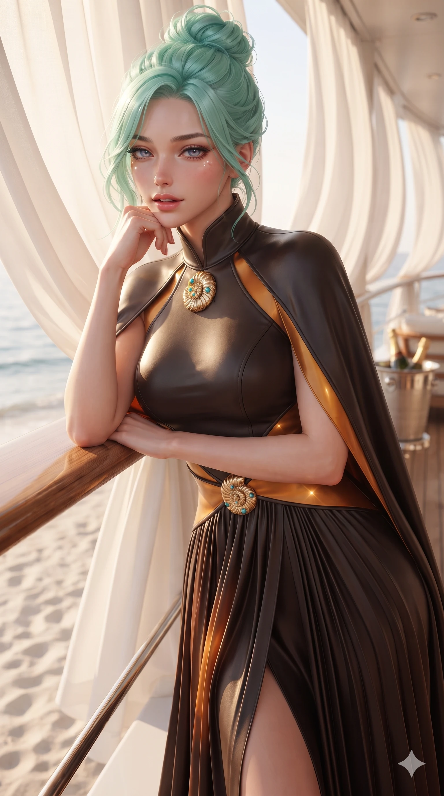 score_9, masterpiece, best quality, ultra-detailed, high-budget anime keyframe, editorial fashion photography, tasteful artistic composition, Japanese woman. close-up cowboy shot from the waist and thighs up, the character dominates the composition, filling the frame with her large presence. resting one elbow on the yacht railing and supporting her chin, leaning close to the camera with heavy-lidded sparkling eyes and parted lips while twisting her slender torso in an alluring contrapposto stance on the teak boardwalk, warm coastal speculars glinting off her flat midriff and hips. The surrounding environment is rendered in vivid detail and crisp panoramic clarity: sharp teak boardwalk grain, fine white sand granules, and champagne bucket condensation droplets in deep focus. She has an exceptionally elegant, slender, and willowy female figure with an ultra-slim waist, flat toned midriff, narrow ribcage, and sculpted feminine hips creating an alluring, slim hourglass silhouette without bulk. sharp v-shaped jawline, high-bridge nose, sparkling eyes with hypnotic seductive depth, thick curled eyelashes, glossy parted lips with a natural dewy peach sheen, alluring bedroom-eyes with an enchanting coquettish smile, exuding magnetic siren charisma and sophisticated glamour, flawlessly proportioned anatomical accuracy, strict slender model proportions, natural body alignment, perfectly sculpted long slender limbs, ultra-slim waistline, clean dynamic posture without body distortion. wearing a bespoke Mediterranean tailored cape-sleeve evening gown with high collar and fluid pleated skirt in dark espresso leather and warm amber highlights, tailored from second-skin technical compression neoprene with athletic curve-sculpting stretch, accented with an authentic engraved gold nautilus shell medallion and turquoise cabochons, the impeccably tailored cut draping gracefully along her slender figure with aristocratic resort poise. bathed in the warm, diffused 3000K coastal sunbeams filtering through billowing white linen drapes with soft luminous fill. ultra-reflective glossy finish, specular highlights, rich textural contrasts, high-contrast stereoscopic depth, volumetric dynamic lighting, 2k, ultra detail, master piece, 9:16 ratio