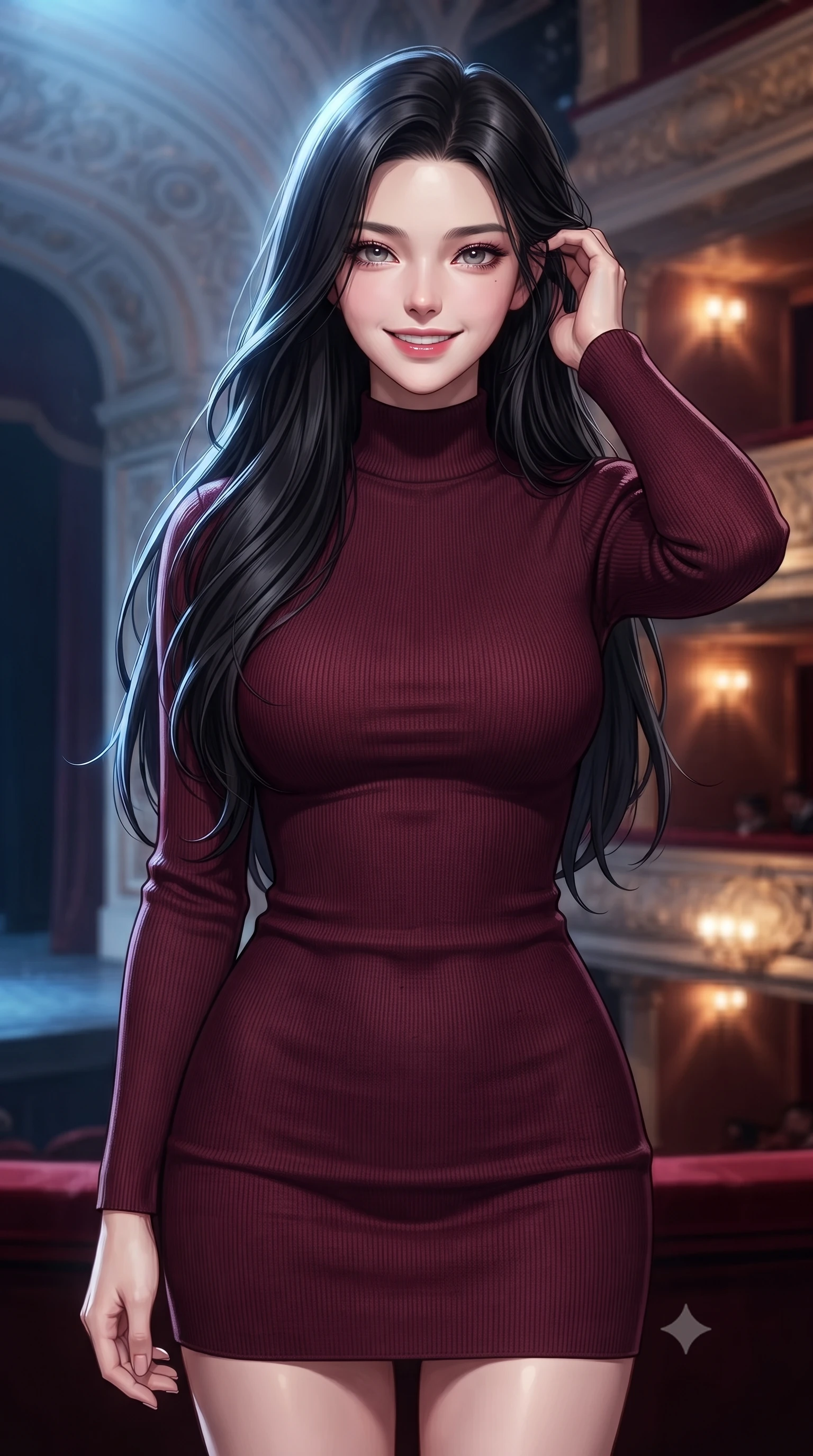 score_9, masterpiece, best quality, ultra-detailed, high-budget anime keyframe, editorial fashion photography, tasteful artistic composition, Korean woman. close-up cowboy shot from the waist and thighs up, the character dominates the composition, filling the frame with her large presence, background elements kept in soft focus. smiling with quiet, magnetic self-assurance directly into the camera, running a hand through her hair the background shows a soft-focus a quiet opera box seat during a performance, with the stage glow in the background. She has an exceptionally elegant, slender, and willowy female figure with an ultra-slim waist, a gracefully sculpted slender torso, and a refined silhouette. sharp v-shaped jawline, high-bridge nose, intricate jewel-like eyes with depth, thick eyelashes, glossy lips with a natural sheen. wearing a slim-fit form-contouring bodycon sweater dress in deep burgundy, featuring a snug mock-neck. cool stage lighting contrasting with the warm amber glow of the private box. ultra-reflective glossy finish, specular highlights, metallic sheen, high-contrast stereoscopic depth, volumetric dynamic lighting, 2k, ultra detail, master piece, 9:16 ratio