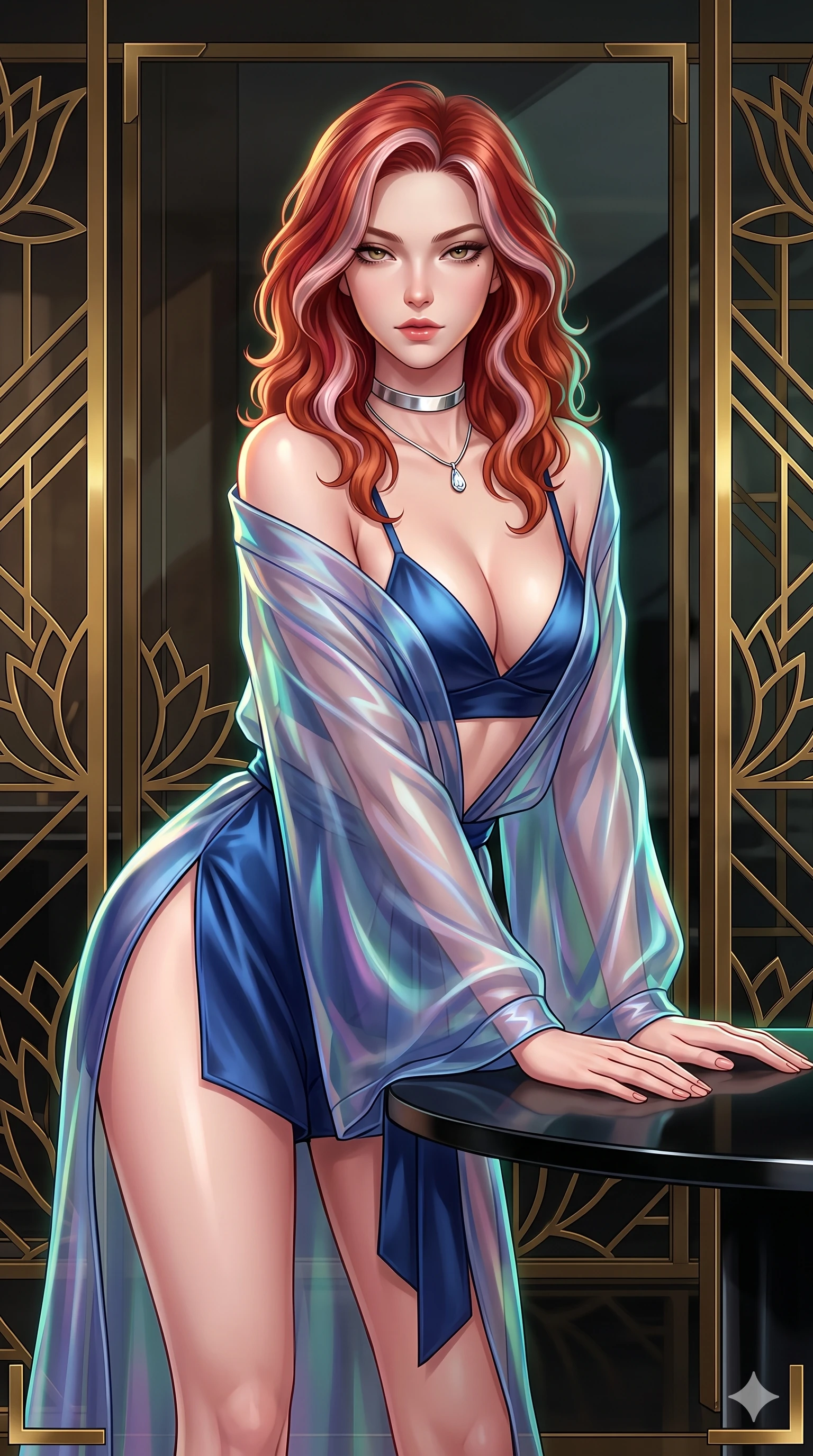 score_9, masterpiece, best quality, ultra-detailed, high-budget anime keyframe, semi-realistic 3D game render, editorial fashion photography, tasteful artistic composition, Caucasian woman. close-up cowboy shot from the waist and thighs up, the character dominates the composition, filling the frame with her large presence. leaning forward while arching her lower back to accentuate her curvy hips, looking into the camera with an intoxicating smoldering gaze and bedroom-eyes while leaning over the black obsidian cocktail table with hips cocked back, looking through geometric lotus screens with heavy-lidded seductive bedroom-eyes. The surrounding environment is rendered in vivid detail and crisp panoramic clarity: sharp brass lotus screen filigree cuts, mirror reflections on smoked glass, and crisp brass corner brackets in deep focus. She has an exceptionally elegant, slender, and willowy female figure with an ultra-slim waist, flat toned midriff, narrow ribcage, and sculpted feminine hips creating an alluring, slim hourglass silhouette without bulk. sharp v-shaped jawline, high-bridge nose, intricate jewel-like sparkling eyes with depth, thick eyelashes, glossy parted lips with a natural sheen, intensely captivating and seductive bedroom-eyes expression, exuding both youthful cute charm and sovereign luxury allure, flawlessly proportioned anatomical accuracy, strict slender model proportions, natural body alignment, perfectly sculpted long slender limbs, ultra-slim waistline, clean dynamic posture without body distortion. wearing a translucent iridescent organza kimono robe slipping off bare shoulders over a matching satin micro-bralette and micro-shorts in midnight sapphire blue and liquid platinum, tailored from heavy double-faced silk georgette with an exceptionally fluid drape, finished with a minimalist chrome choker and a single teardrop diamond pendant, the high-slit wrap tailoring accentuating her ultra-slim waistline and the enchanting curve of her feminine hips with alluring seductive charm. illuminated by polished table bounce and sharp emerald-amber rim lights defining her razor-sharp jawline, narrow waist, and curvy hips. highly saturated vibrant anime colors, detailed shading with soft gradients, rich glossy textures, high-contrast stereoscopic depth, volumetric dynamic lighting, master piece, 9:16 ratio