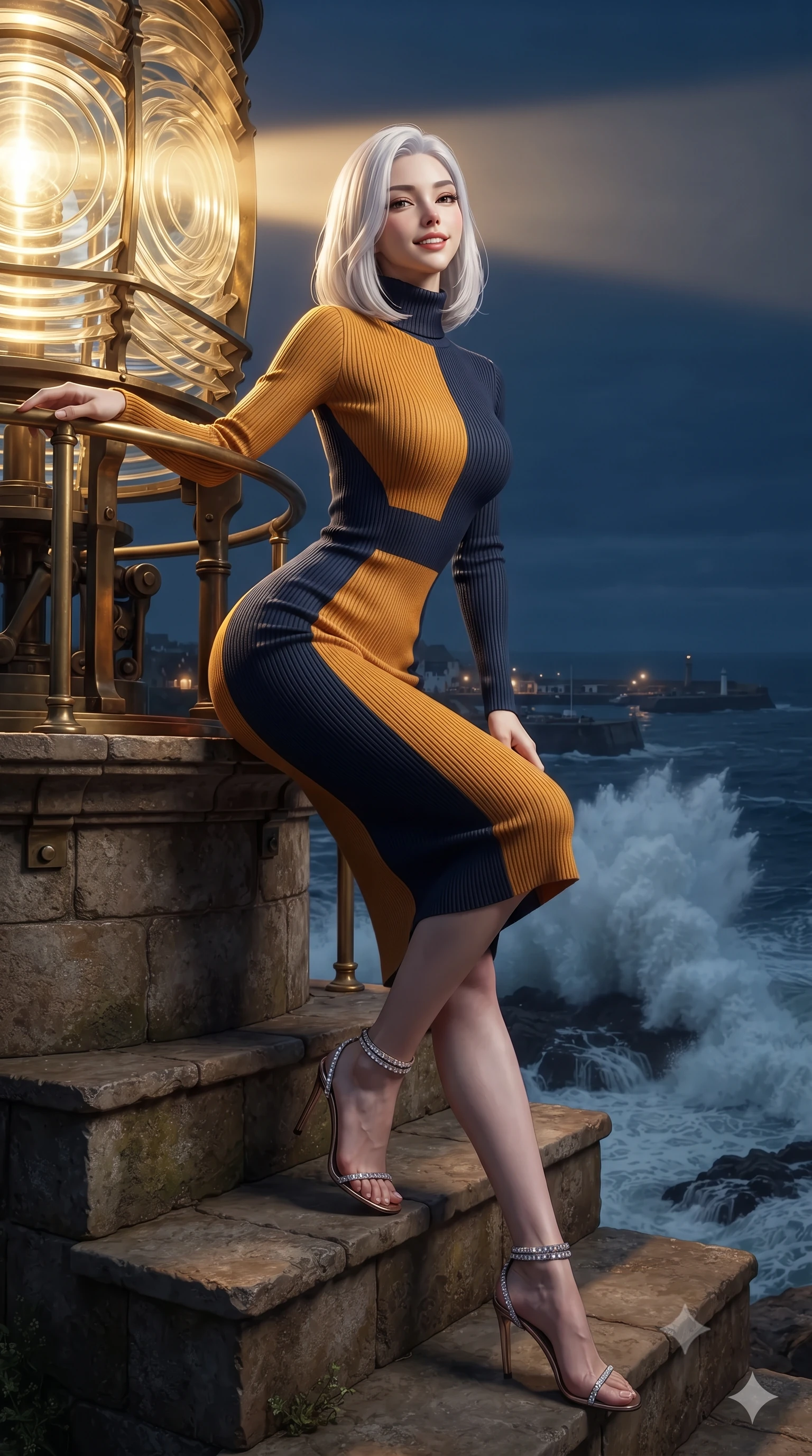 score_9, masterpiece, best quality, ultra-detailed, high-budget anime keyframe, editorial fashion photography, tasteful artistic composition, Korean woman. low angle full-body shot from head to toe showing her feet, filling the entire 9:16 vertical frame with her statuesque presence, stretching her vertical silhouette. sitting poised on the stone steps with one knee bent, arching her spine with supermodel elegance as she glances upward through thick eyelashes while leaning against the curved brass lens rail with hips cocked back, looking down at colossal white foam breakers crashing on dark reefs with smoldering bedroom-eyes. The surrounding environment is rendered in vivid detail and crisp panoramic clarity: detailed outfit silhouette, wet cling or bodycon lines, and monumental maritime engineering in high resolution. She has an exceptionally tall and slender model-like 8.5-heads proportion, an ultra-slim waist, a flat toned midriff, narrow delicate ribcage, and beautifully sculpted feminine hips creating a graceful, slim hourglass silhouette without any bulky heaviness, with impossibly long slender legs. sharp v-shaped jawline, high-bridge nose, intricate jewel-like sparkling eyes with depth, thick eyelashes, glossy parted lips with a natural peach sheen, bright cheerful beaming smile with an enchanting and coquettish sensual glint, exuding both youthful cute charm and seductive allure, flawlessly proportioned anatomical accuracy, strict slender model proportions, natural body alignment, perfectly sculpted long slender limbs, ultra-slim waistline, clean dynamic posture without body distortion. wearing an ultra-sleek French Normandy second-skin ribbed knit turtleneck midi dress hugging every millimeter of her hourglass frame in Lofoten midnight sun golden amber and Arctic deep navy, woven from buttery-soft stretch lambskin leather adhering to her body like a second skin, complemented by strappy stiletto sandals with crystal ankle wraps accentuating her slender calves, the second-skin tailored fabric adhering flawlessly to her sculpted flat midriff and slender torso, emphasizing her long leg lines and perfectly proportioned willowy build. bathed in the powerful rotating 3200K golden beam of the lighthouse lens contrasted with deep navy ocean twilight. ultra-reflective glossy finish, specular highlights, rich textural contrasts, high-contrast stereoscopic depth, volumetric dynamic lighting, 2k, ultra detail, master piece, 9:16 ratio