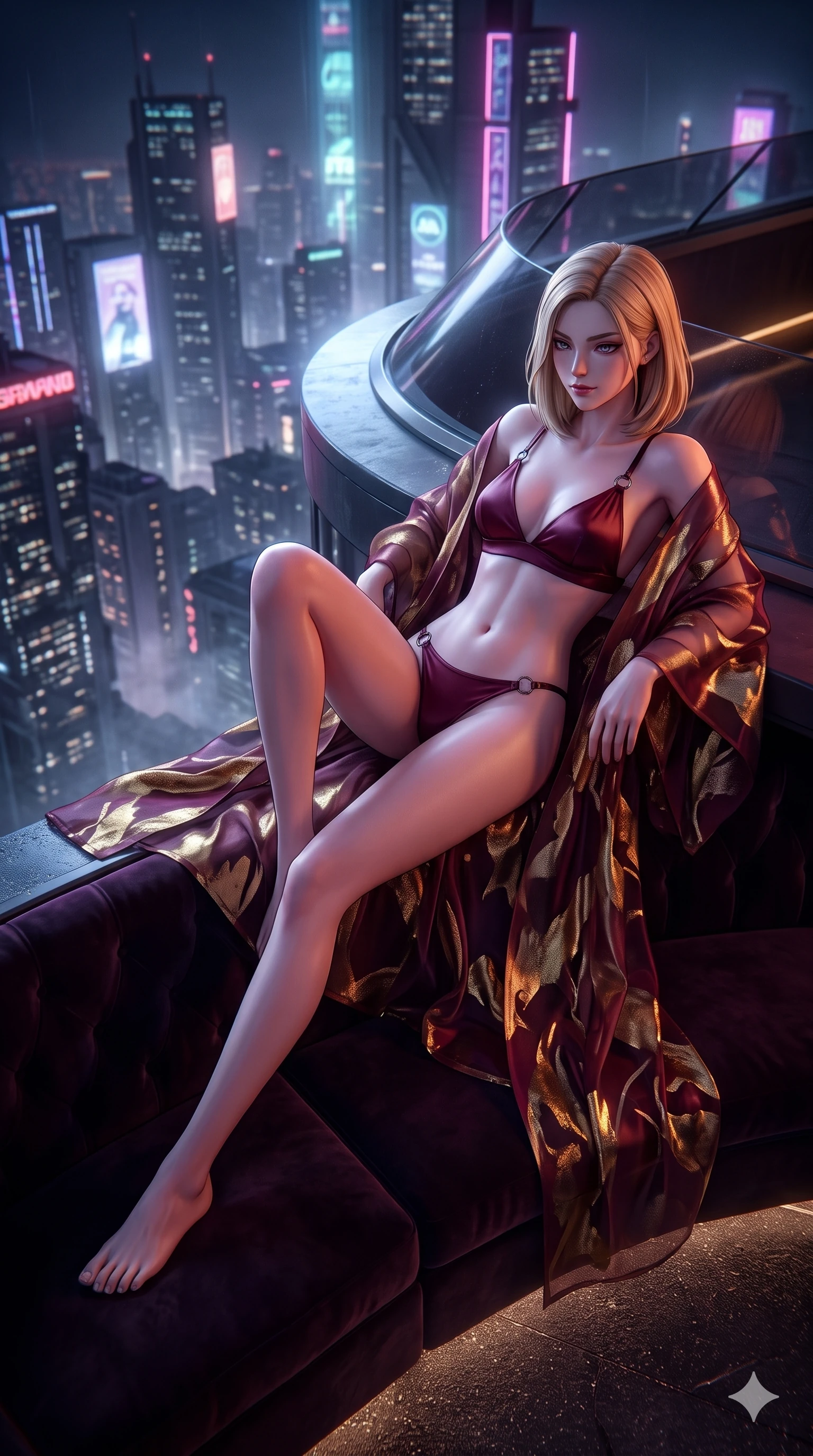 score_9, masterpiece, best quality, ultra-detailed, high-budget anime keyframe, semi-realistic 3D game render, editorial fashion photography, tasteful artistic composition, Korean woman. low angle full-body shot from head to toe showing her feet, filling the entire 9:16 vertical frame with her statuesque presence, stretching her vertical silhouette. reclining languidly across the dark velvet banquette with one knee bent and hips angled toward the camera while reclining across the raised aeronautical windshelter with one knee drawn up, looking down into the cyberpunk city canyons with fearless bedroom-eyes. The background shows a soft-focus summit skyscraper apex softened in high-altitude metropolitan shallow focus. She has an absolutely perfect, statuesque 8.5-heads proportion, an exceptionally tall and slender model-like female figure with impossibly long slender legs, an ultra-slim waist, a flat toned midriff, narrow delicate ribcage, and beautifully sculpted feminine hips creating a graceful, slim hourglass silhouette without any bulky heaviness. sharp v-shaped jawline, high-bridge nose, intricate jewel-like dark sparkling eyes with hypnotic seductive depth, thick curled eyelashes, glossy parted lips with a natural wine sheen, alluring bedroom-eyes with an enigmatic smoldering smile, exuding magnetic sovereign charisma and dark avant-garde glamour, flawlessly proportioned anatomical accuracy, strict slender model proportions, natural body alignment, perfectly sculpted long slender limbs, ultra-slim waistline, clean dynamic posture without body distortion. wearing a sheer gossamer organza evening kimono slipping off bare shoulders over a matching satin micro-bralette and briefs in deep wine burgundy and lustrous gold foil, tailored from soft dark satin with subtle light-absorbing depth, trimmed with dark chrome ring hardware along the waist contours, accentuating her gracefully sculpted slender torso and statuesque proportions. illuminated by tarmac ground bounce and sharp ultraviolet-rose rim lights sculpting her razor-sharp jawline, narrow waist, and curvy hips. highly saturated vibrant anime colors, detailed shading with soft gradients, rich glossy textures, high-contrast stereoscopic depth, volumetric dynamic lighting, master piece, 9:16 ratio