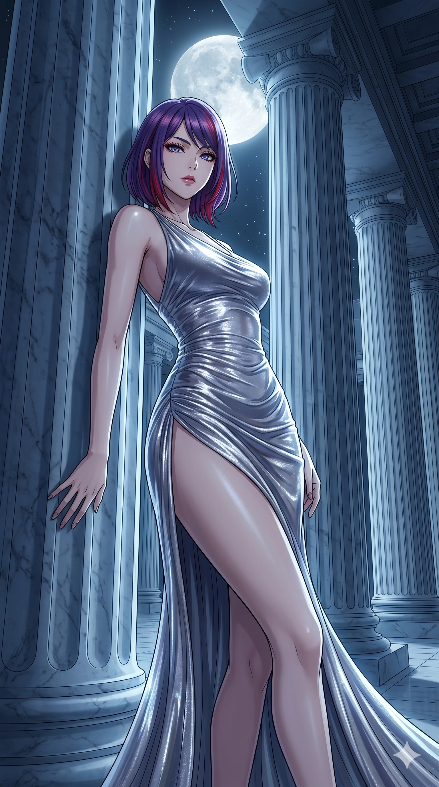 score_9, masterpiece, best quality, ultra-detailed, High-budget Anime Keyframe, East Asian woman. Low angle cowboy shot filling the entire 9:16 frame with her statuesque presence. Scenario 223: Leaning against a cold marble pillar in a moonlit greek temple. Her presence is magnetic and overpowering in this high-budget anime scene. Outfit 223: A shimmering chiffon liquid with a thigh-high slit and tight-fitting silhouette. The clothing is designed to emphasize her exceptionally tall and slender 8-heads proportion. 8-heads proportion, towering silhouette, ultra-slim waist. sharp v-shaped jawline, intricate jewel-like eyes with depth, thick eyelashes, glossy lips. 2k, ultra detail, master piece, 9:16 ratio