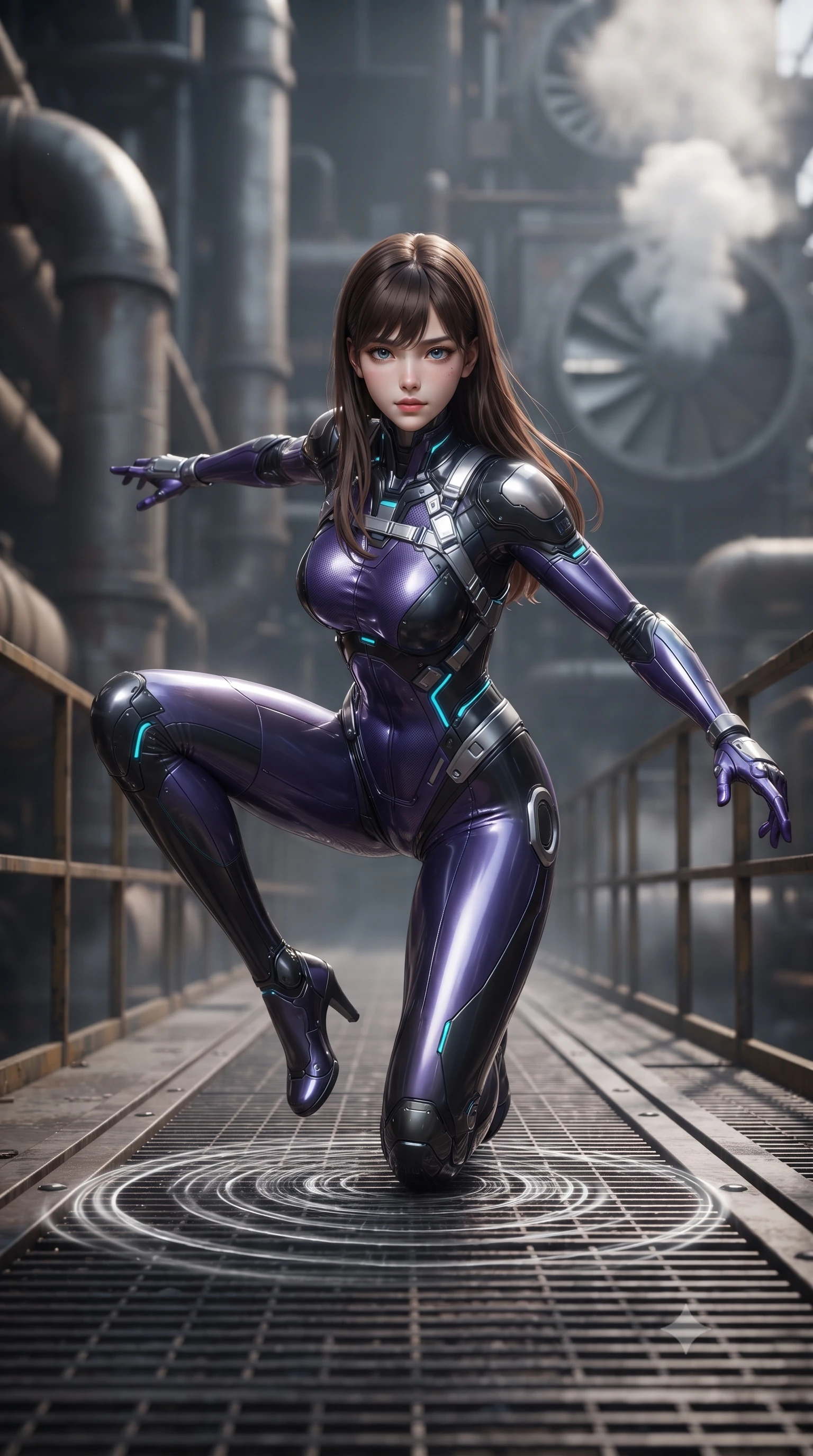 score_9, masterpiece, best quality, ultra-detailed, high-budget anime keyframe, editorial fashion photography, tasteful artistic composition, Korean woman. low angle full-body shot from head to toe showing her feet, filling the entire 9:16 vertical frame with her statuesque presence, stretching her vertical silhouette. landing gracefully from a high-altitude leap on one knee and palm, her statuesque silhouette framed by radial shockwave ripples in the ground while striding commanding across the narrow catwalk with arms held in loose, deadly martial readiness. The composition keeps background elements in soft focus with creamy bokeh. massive industrial reactor pipes and steam exhaust turbines softened in atmospheric shallow focus. She has an absolutely perfect, statuesque 8.5-heads proportion, an exceptionally tall and slender model-like female figure with impossibly long slender legs, a toned flat midriff, and an ultra-slim waist. sharp v-shaped jawline, high-bridge nose, intricate jewel-like eyes with depth, thick eyelashes, glossy lips with a natural sheen, flawlessly proportioned anatomical accuracy, strict slender model proportions, natural body alignment, perfectly sculpted long slender limbs, ultra-slim waistline, clean dynamic posture without body distortion. wearing a precision-fitted royal purple carbon-fiber martial arts suit with silver accents and glowing micro-circuit knuckle plating in matte obsidian carbon black with electric cyan conduits, formed from high-gloss patent carbon-plating with specular chiaroscuro reflections, reinforced by a sleek titanium kinetic harness and glowing micro-energy straps, the liquid-tight tailored fabric emphasizing every curve of her tall, slender model proportions and sculptured silhouette during dynamic movement. illuminated by crisp specular highlights tracing her ultra-slim waist, long legs, and flat midriff. ultra-reflective glossy finish, specular highlights, dark metallic sheen, high-contrast stereoscopic depth, volumetric dynamic lighting, 2k, ultra detail, master piece, 9:16 ratio