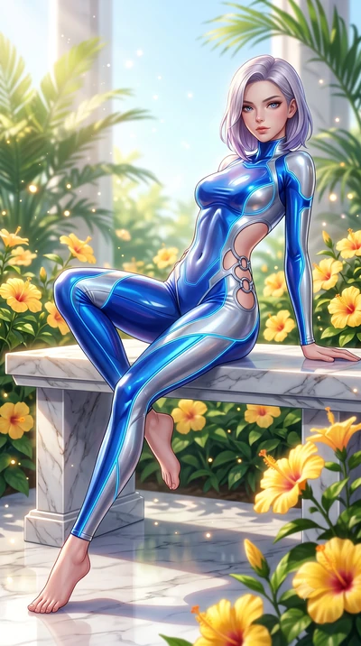 score_9, masterpiece, best quality, ultra-detailed, high-budget anime keyframe, semi-realistic 3D game render, editorial fashion photography, tasteful artistic composition, Caucasian woman. low angle full-body shot from head to toe showing her feet, 
