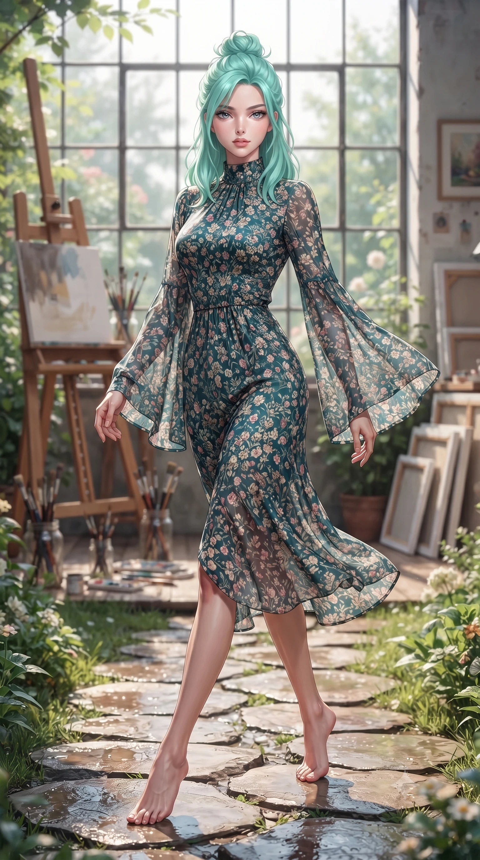 score_9, masterpiece, best quality, ultra-detailed, high-budget anime keyframe, editorial fashion photography, tasteful artistic composition, Japanese woman woman. low angle full-body shot from head to toe showing her feet, filling the entire 9:16 vertical frame with her statuesque presence, stretching her vertical silhouette. stepping gracefully across a stone path in the garden the background shows a soft-focus an artist's studio filled with canvases, paint brushes, and easel near a large industrial window. She has an absolutely perfect, statuesque 8.5-heads proportion, an exceptionally tall and slender model-like female figure with impossibly long slender legs and an ultra-slim waist. sharp v-shaped jawline, high-bridge nose, intricate jewel-like eyes with depth, thick eyelashes, glossy lips with a natural sheen. wearing a body-hugging flowy floral chiffon midi dress with long bell sleeves and a high neck. crisp North daylight casting soft, consistent lighting over the workspace. ultra-reflective glossy finish, specular highlights, metallic sheen, high-contrast stereoscopic depth, volumetric dynamic lighting, 2k, ultra detail, master piece, 9:16 ratio