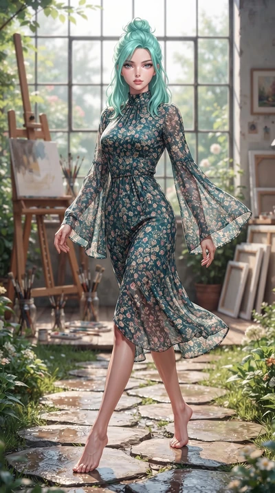 score_9, masterpiece, best quality, ultra-detailed, high-budget anime keyframe, editorial fashion photography, tasteful artistic composition, Japanese woman woman. low angle full-body shot from head to toe showing her feet, filling the entire 9:16 ve