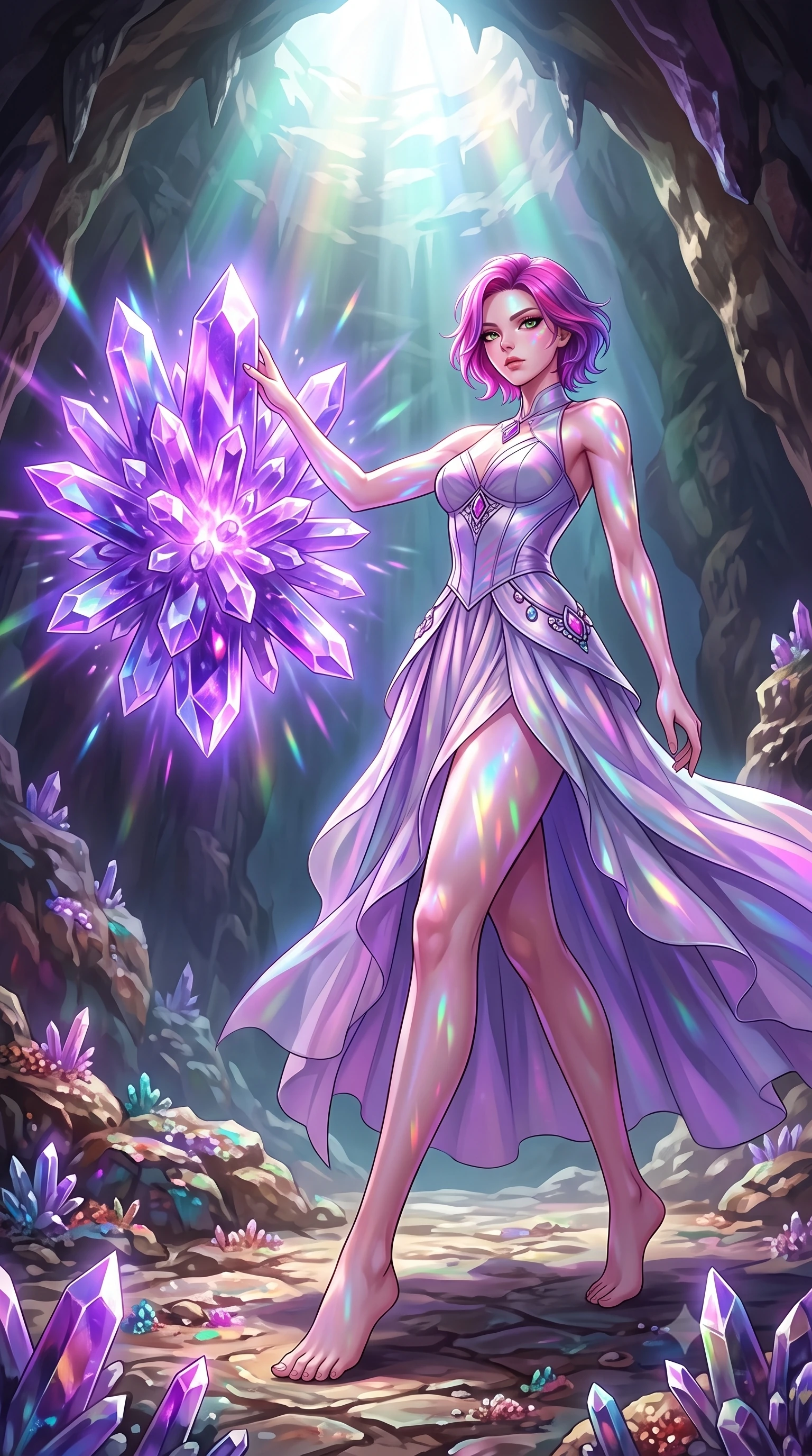 score_9, masterpiece, best quality, ultra-detailed, high-budget anime keyframe, editorial fashion photography, tasteful artistic composition, Caucasian woman. low angle full-body shot from head to toe showing her feet, filling the entire 9:16 vertical frame with her statuesque presence, stretching her vertical silhouette. stepping forward with proud posture, filling the vertical frame with her magnetic presence touching a giant floating violet crystal cluster emitting pulsing energy, sharp crystalline reflections creating an opulent, jewel-like ambience. She has an absolutely perfect, statuesque 8.5-heads proportion, an exceptionally tall and slender model-like female figure with impossibly long slender legs and an ultra-slim waist. sharp v-shaped jawline, high-bridge nose, intricate jewel-like eyes with depth, thick eyelashes, glossy lips with a natural sheen. wearing a modern fusion silk hanbok dress with a structured bodice and flowing chiffon skirt, the tailored fabric tightly following every curve of her athletic build. bathed in brilliant prismatic light filtering from a natural cavern skylight. highly saturated vibrant anime colors, detailed shading with soft gradients, rich glossy textures, high-contrast stereoscopic depth, volumetric dynamic lighting, master piece, 9:16 ratio
