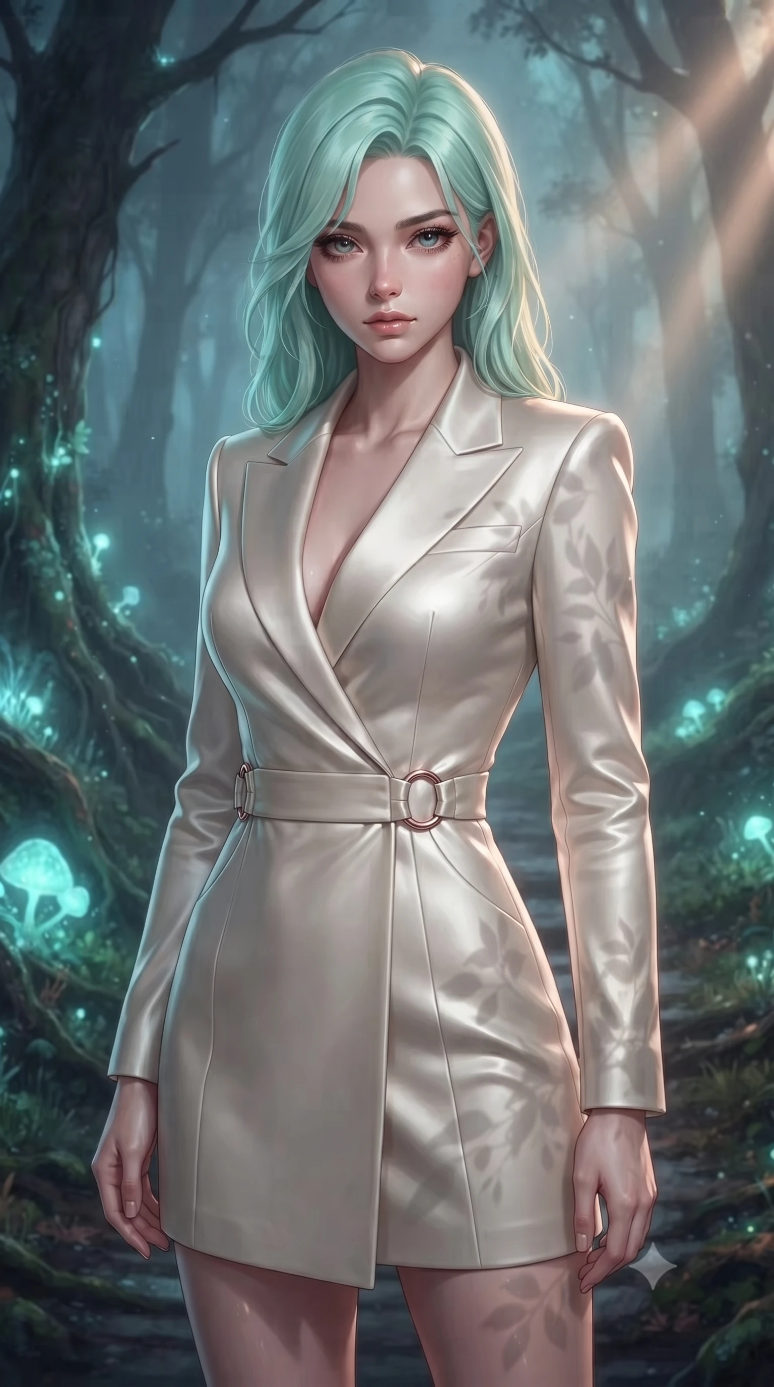 score_9, masterpiece, best quality, ultra-detailed, high-budget anime keyframe, editorial fashion photography, tasteful artistic composition, Japanese woman. close-up cowboy shot from the waist and thighs up, the character dominates the composition, filling the frame with her large presence, background elements kept in soft focus. Casting a slow, direct gaze beneath heavy lashes with quiet intensity, navigating a misty dark forest path illuminated by bioluminescent spores, organic leaf stencil shadows projected onto her sleek outfit. She has an exceptionally elegant, slender, and willowy female figure with an ultra-slim waist, a gracefully sculpted slender torso, and a refined silhouette. sharp v-shaped jawline, high-bridge nose, intricate jewel-like eyes with depth, thick eyelashes, glossy lips with a natural sheen. wearing tailored ivory tux dress with satin lapels and fitted waist in soft blush pink, made of sculpted platinum chrome, trimmed with rose-gold ring hardware along the waist contours, sculpting her athletic slender build with refined precision. illuminated by bioluminescent opal mycelium glow radiating from tree roots. highly saturated vibrant anime colors, detailed shading with soft gradients, rich glossy textures, high-contrast stereoscopic depth, volumetric dynamic lighting, master piece, 9:16 ratio