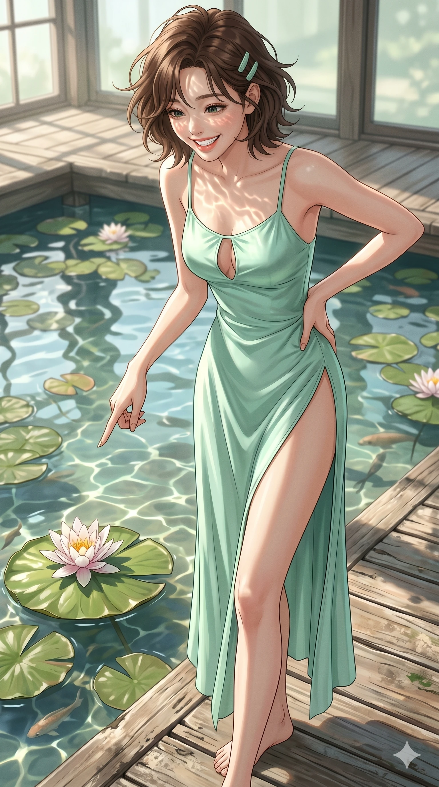 score_9, masterpiece, best quality, ultra-detailed, high-budget anime keyframe, editorial fashion photography, tasteful artistic composition, Korean woman. cowboy shot from the thighs up, character and outfit filling the frame for maximum editorial presence. pointing down at a lily pad with a bright, childish smile of pure delight standing on a wooden deck overlooking a sunlit indoor lily pond. She has an absolutely perfect 8-heads proportion, an exceptionally tall and slender female figure with impossibly long slender legs and an ultra-slim waist. V-shaped jawline, high-bridge nose, intricate jewel-like eyes with depth, thick eyelashes, glossy lips with a natural sheen. wearing a mint-green silk slip dress with a tasteful chest slit and high-cut leg lines. drenched in soft morning sunlight reflecting off the pond, casting wavy light patterns on her face. 2k, ultra detail, master piece, 9:16 ratio