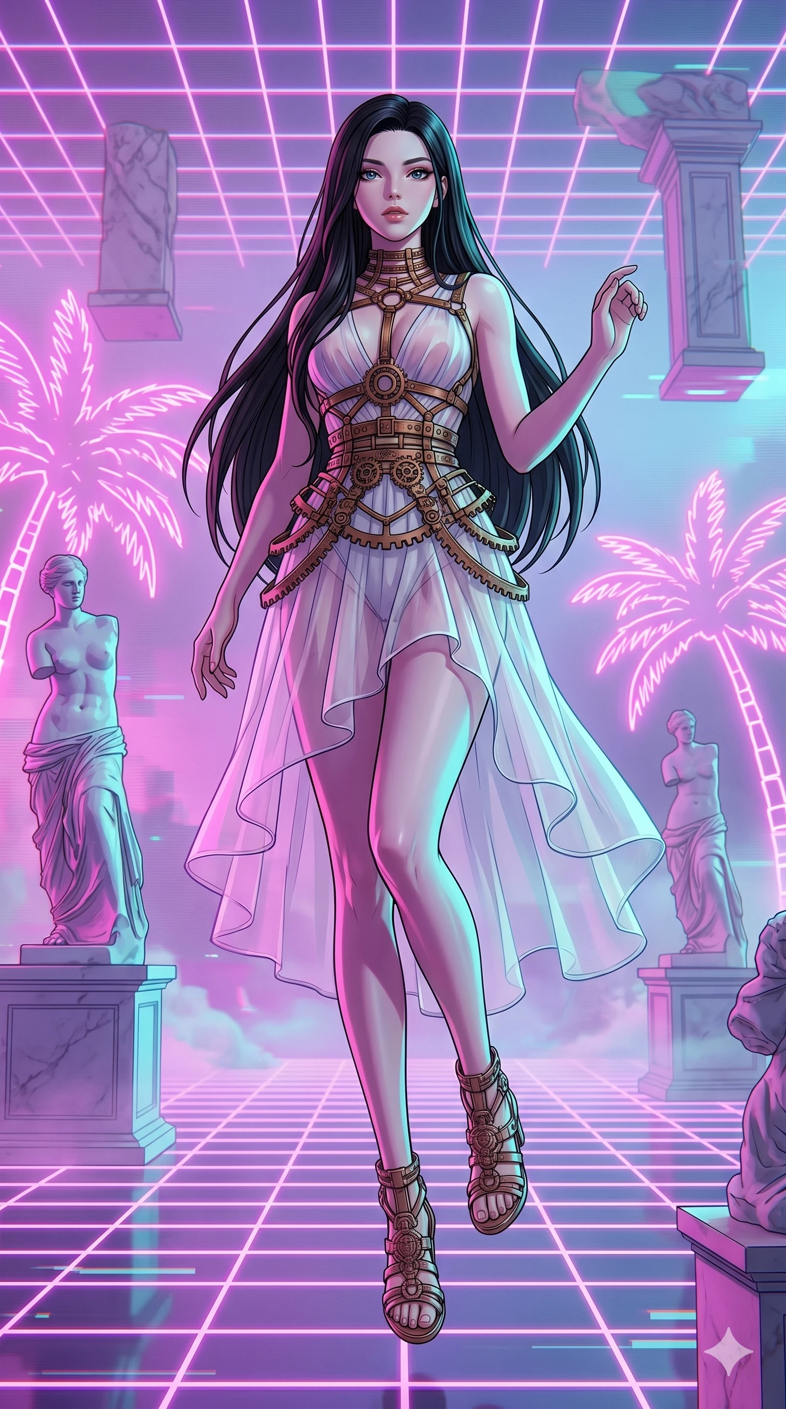 score_9, masterpiece, best quality, ultra-detailed, high-budget anime keyframe, Caucasian woman, strictly human ears. low angle full-body shot filling the entire 9:16 frame with her statuesque presence, stretching the vertical silhouette. drifting through a holographic vaporwave oasis with floating grid floors, lo-fi marble statues, and glowing pink palms. She has an absolutely perfect 8-heads proportion, an exceptionally tall and slender female figure with impossibly long slender legs and an ultra-slim waist. V-shaped jawline, high-bridge nose, intricate jewel-like eyes with depth, thick eyelashes, glossy lips with a natural sheen.. wearing a chrono-gear wire harness couture, featuring micro-bronze gear wire harness cinching her waist, over a sheer white organza dress. accented by dynamic color-blocked lighting with high-contrast shadows emphasizing her statuesque height. 2k, ultra detail, master piece, 9:16 ratio