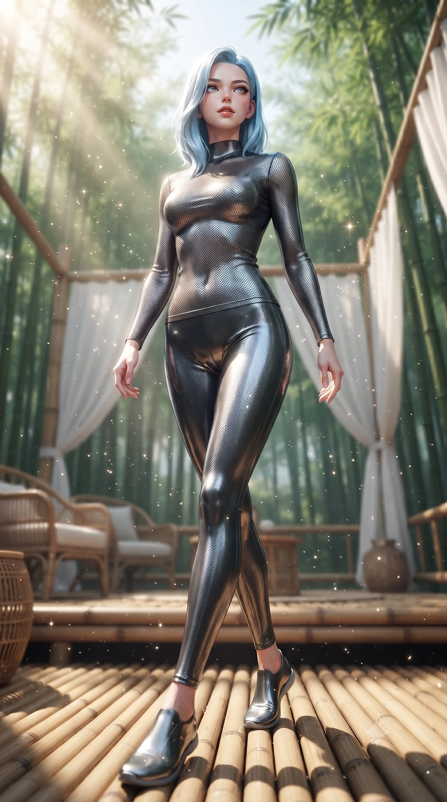 score_9, masterpiece, best quality, ultra-detailed, high-budget anime keyframe, editorial fashion photography, tasteful artistic composition, Korean woman. low angle full-body shot from head to toe showing her feet, filling the entire 9:16 vertical frame with her statuesque presence, stretching her vertical silhouette. stepping gracefully through floating stardust particles, her body-contouring suit showing her athletic, slender silhouette, the background shows a soft-focus a bamboo forest deck with rattan chairs and white cotton drapes. She has an absolutely perfect, statuesque 8.5-heads proportion, an exceptionally tall and slender model-like female figure with impossibly long slender legs and an ultra-slim waist. sharp v-shaped jawline, high-bridge nose, intricate jewel-like eyes with depth, thick eyelashes, glossy lips with a natural sheen. wearing a slim-fit body-hugging carbon-mesh mock-neck top paired with tight-fitting carbon-fiber leggings. bright morning sun rays creating fresh and energetic shadows on her gear. ultra-reflective glossy finish, specular highlights, metallic sheen, high-contrast stereoscopic depth, volumetric dynamic lighting, 2k, ultra detail, master piece, 9:16 ratio