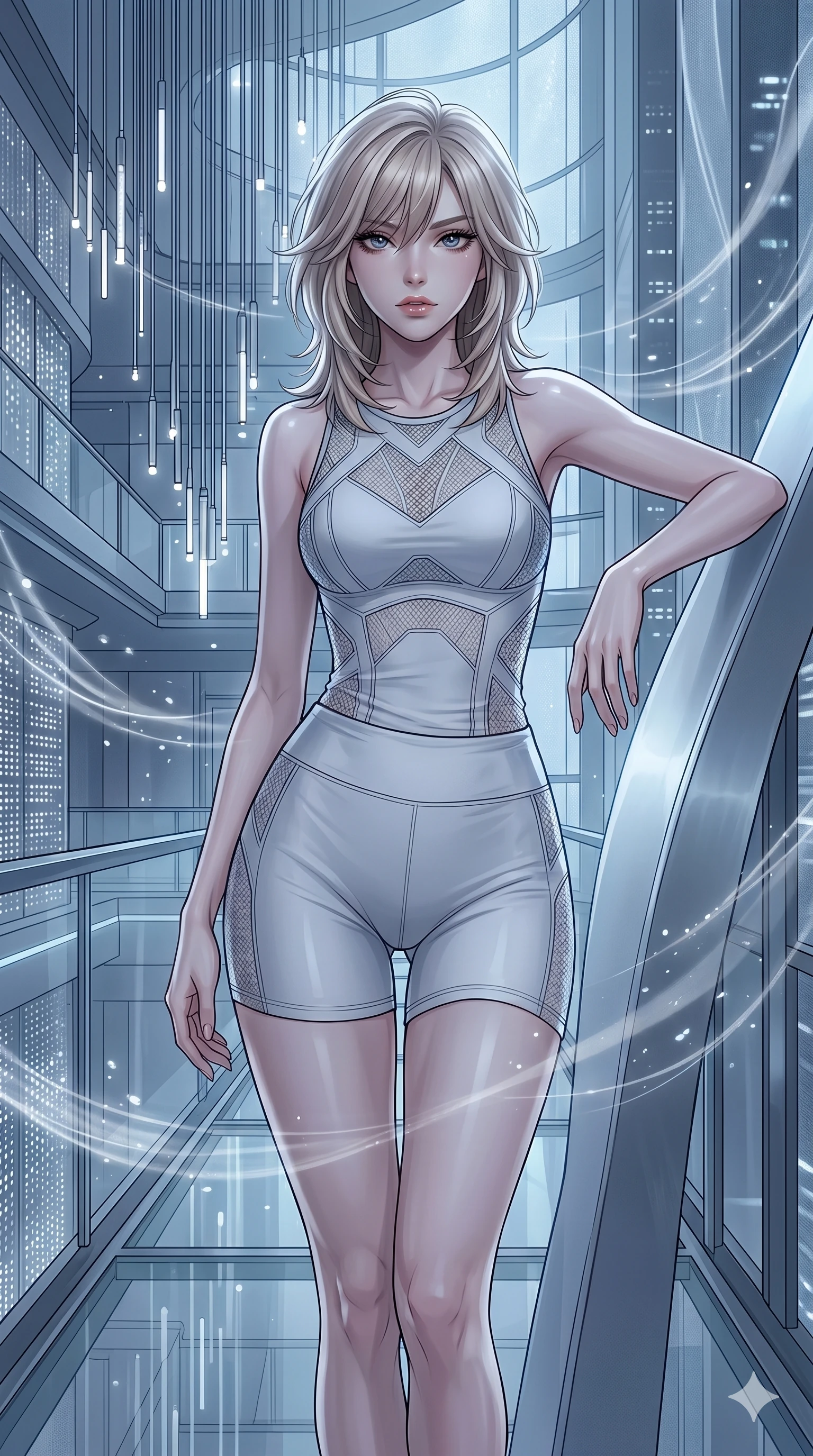 score_9, masterpiece, best quality, ultra-detailed, high-budget anime keyframe, editorial fashion photography, tasteful artistic composition, Japanese woman. cowboy shot from the thighs up, character and outfit filling the frame for maximum editorial presence. Holding steady direct eye contact with magnetic, commanding confidence, her lips slightly parted on a glass bridge inside a futuristic skyscraper atrium with hanging light installations, with gentle gusts of silver wind blowing through the space. She has an absolutely perfect 8-heads proportion, an exceptionally tall and slender female figure with impossibly long slender legs and an ultra-slim waist. V-shaped jawline, high-bridge nose, intricate jewel-like eyes with depth, thick eyelashes, glossy lips with a natural sheen. wearing a precision-fitted performance top with geometric mesh paneling, worn with high-waist compression shorts. bathed in cold silver moonlight filtered through a translucent screen, casting soft shadows on her curves. 2k, ultra detail, master piece, 9:16 ratio