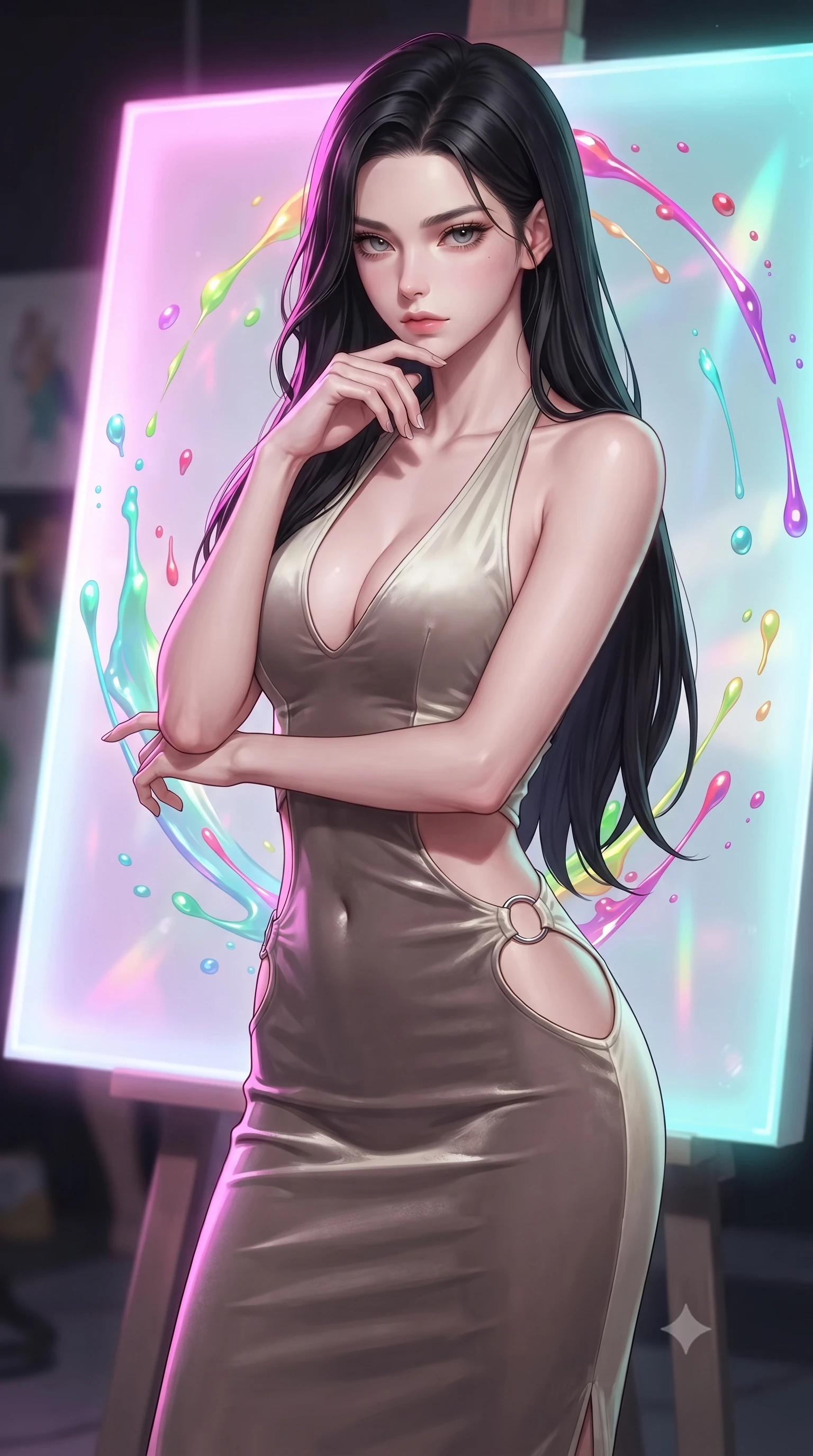 score_9, masterpiece, best quality, ultra-detailed, high-budget anime keyframe, editorial fashion photography, tasteful artistic composition, Korean woman. close-up cowboy shot from the waist and thighs up, the character dominates the composition, filling the frame with her large presence, background elements kept in soft focus. Resting her chin on the backs of her fingers, casting a sharp, mysterious gaze poised before a giant holographic canvas emitting luminous color arcs, vibrant paint droplets frozen in time casting specular highlights. She has an exceptionally elegant, slender, and willowy female figure with an ultra-slim waist, a gracefully sculpted slender torso, and a refined silhouette. sharp v-shaped jawline, high-bridge nose, intricate jewel-like eyes with depth, thick eyelashes, glossy lips with a natural sheen. wearing a deep-scoop halter bodycon dress with hip cutouts connected by silver rings in muted taupe and soft ivory, made of premium stretch velvet with a rich sheen, featuring clean architectural cutouts along her slender torso, the glove-like fit emphasizing her statuesque silhouette. surrounded by a radiant glow of magenta and aqua fluid highlights. highly saturated vibrant anime colors, detailed shading with soft gradients, rich glossy textures, high-contrast stereoscopic depth, volumetric dynamic lighting, master piece, 9:16 ratio