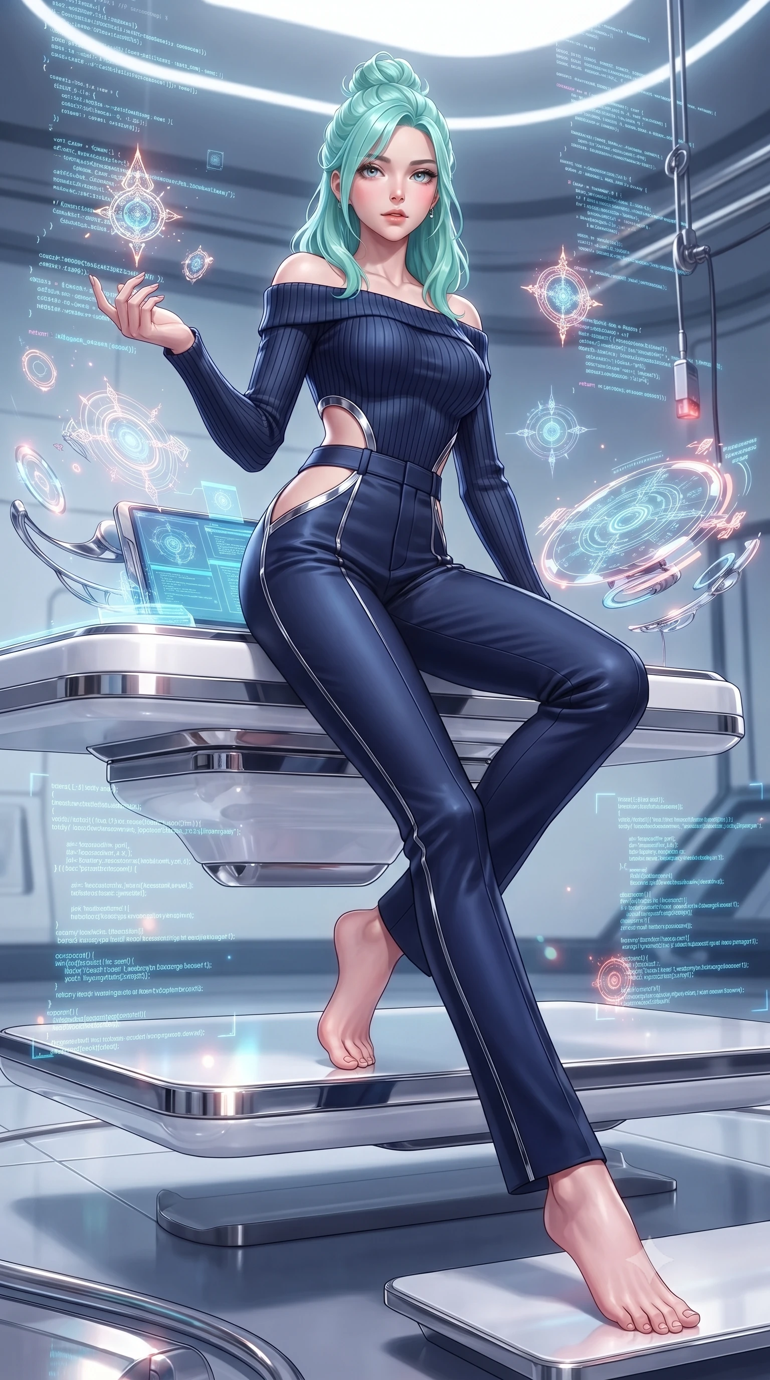 score_9, masterpiece, best quality, ultra-detailed, high-budget anime keyframe, editorial fashion photography, tasteful artistic composition, Japanese woman. low angle full-body shot from head to toe showing her feet, filling the entire 9:16 vertical frame with her statuesque presence, stretching her vertical silhouette. interacting gracefully with the magical floating elements while maintaining a confident posture resting on a sleek white floating console amidst glowing code streams, sleek reflective white and chrome surfaces emphasizing ultra-clean lines. She has an absolutely perfect, statuesque 8.5-heads proportion, an exceptionally tall and slender model-like female figure with impossibly long slender legs and an ultra-slim waist. sharp v-shaped jawline, high-bridge nose, intricate jewel-like eyes with depth, thick eyelashes, glossy lips with a natural sheen. wearing a sleek off-shoulder ribbed knit top paired with high-waist tailored pants in midnight navy blue and chrome trim, made of premium stretch velvet with a rich sheen, featuring clean architectural cutouts along her slender torso, the sleek second-skin texture accentuating her magnetic presence. lit by bright volumetric laser beams and soft specular highlights. highly saturated vibrant anime colors, detailed shading with soft gradients, rich glossy textures, high-contrast stereoscopic depth, volumetric dynamic lighting, master piece, 9:16 ratio