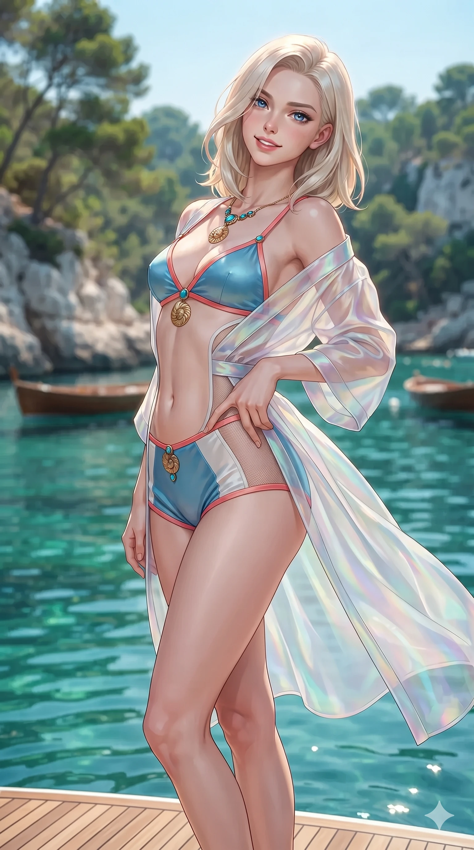 score_9, masterpiece, best quality, ultra-detailed, high-budget anime keyframe, editorial fashion photography, tasteful artistic composition, Caucasian woman. close-up cowboy shot from the waist and thighs up, the character dominates the composition, filling the frame with her large presence. arching her spine backward with effortless dancer poise, one hand sliding along her hip line as directional light carves specular highlights along her silhouette while standing poised on the lowered teak swimming terrace, arching her spine with ethereal siren poise as calm emerald lagoon ripples lap at her feet. The background shows a soft-focus crystalline emerald cove waters, lush maritime pine trees clinging to white limestone cliffs, and distant anchored wooden skiffs blurred into jade, turquoise, and pine-green bokeh. She has an exceptionally elegant, slender, and willowy female figure with an ultra-slim waist, flat toned midriff, narrow ribcage, and sculpted feminine hips creating an alluring, slim hourglass silhouette without bulk. sharp v-shaped jawline, high-bridge nose, sparkling eyes with hypnotic seductive depth, thick curled eyelashes, glossy parted lips with a natural dewy peach sheen, alluring bedroom-eyes with an enchanting coquettish smile, exuding magnetic siren charisma and sophisticated glamour, flawlessly proportioned anatomical accuracy, strict slender model proportions, natural body alignment, perfectly sculpted long slender limbs, ultra-slim waistline, clean dynamic posture without body distortion. wearing a translucent iridescent organza beach kimono slipping off bare shoulders over a matching satin micro-bralette and micro-shorts in Mediterranean cerulean blue and optic white with coral trims, featuring strategic sheer-illusion micro-mesh cutouts along her ribcage and hip flanks, accented with an authentic engraved gold nautilus shell medallion and turquoise cabochons, the high-slit wrap tailoring accentuating her ultra-slim waistline and the enchanting curve of her feminine hips with alluring seductive charm. illuminated by emerald water bounce and sharp golden-peach rim lights defining her razor-sharp jawline, narrow waist, and curvy hips. ultra-reflective glossy finish, specular highlights, rich textural contrasts, high-contrast stereoscopic depth, volumetric dynamic lighting, 2k, ultra detail, master piece, 9:16 ratio