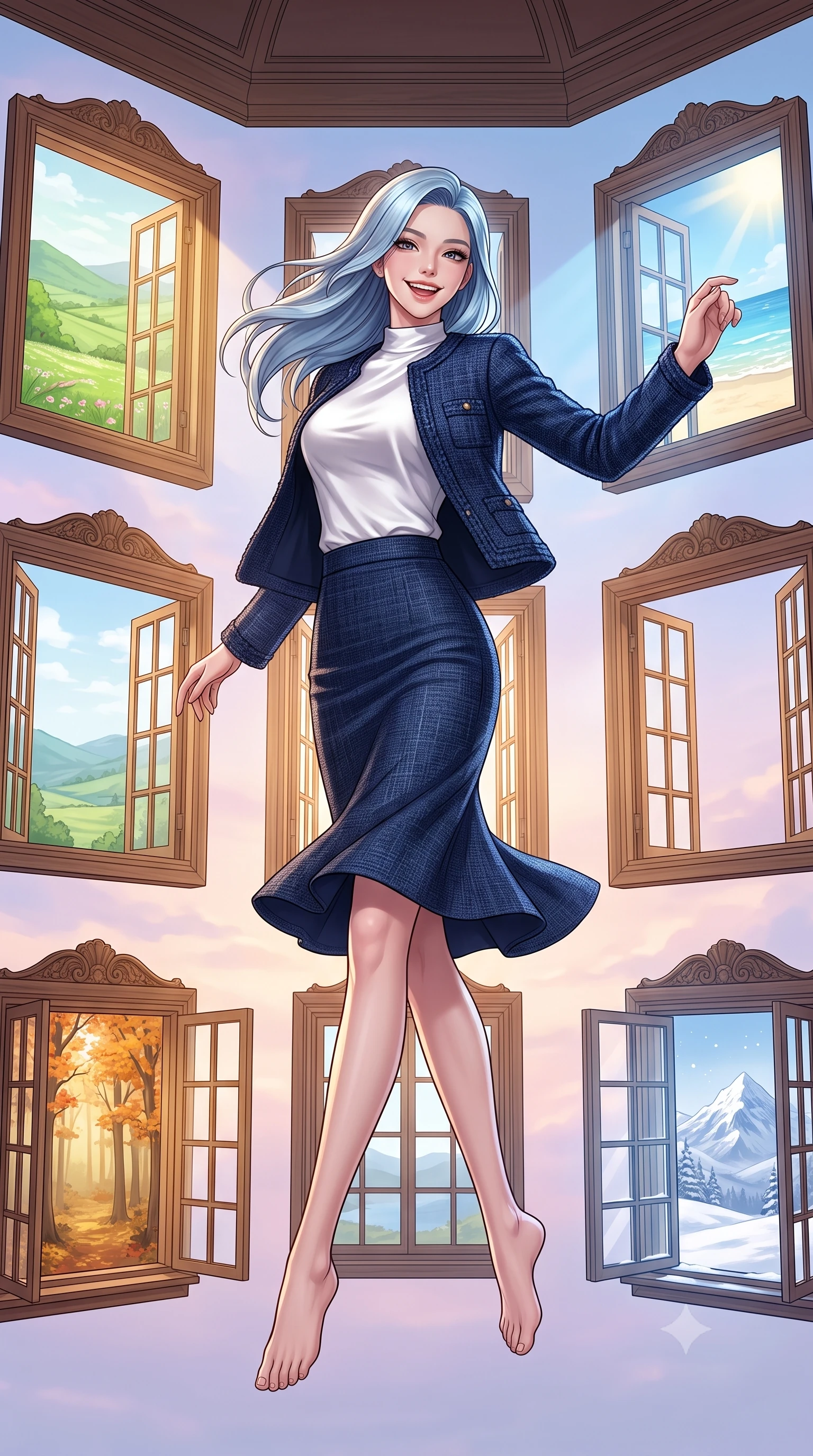 score_9, masterpiece, best quality, ultra-detailed, high-budget anime keyframe, editorial fashion photography, tasteful artistic composition, Korean woman. low angle full-body shot from head to toe showing her feet, filling the entire 9:16 vertical frame with her statuesque presence, stretching her vertical silhouette. pirouetting mid-air with a playful grin inside a gallery of ornate wooden window frames floating in a pastel dawn sky, each window opening to a view of a different season or landscape. She has a statuesque 8.5-heads proportion, an exceptionally tall, slender and willowy model-like build with impossibly long legs and a highly sculpted ultra-slim waist. sharp v-shaped jawline, high-bridge nose, intricate jewel-like eyes with depth, thick eyelashes, glossy lips with a natural sheen. wearing a navy blue tweed jacket over a white satin mock-neck top, paired with a matching navy blue pencil skirt. soft pastel morning light filtering through the floating windows, casting soft rectangular shafts of warm gold and cool blue light. 2k, ultra detail, master piece, 9:16 ratio