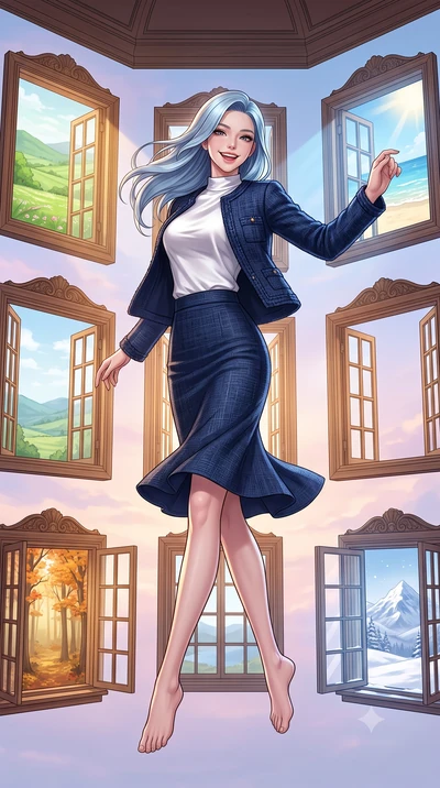 score_9, masterpiece, best quality, ultra-detailed, high-budget anime keyframe, editorial fashion photography, tasteful artistic composition, Korean woman. low angle full-body shot from head to toe showing her feet, filling the entire 9:16 vertical f