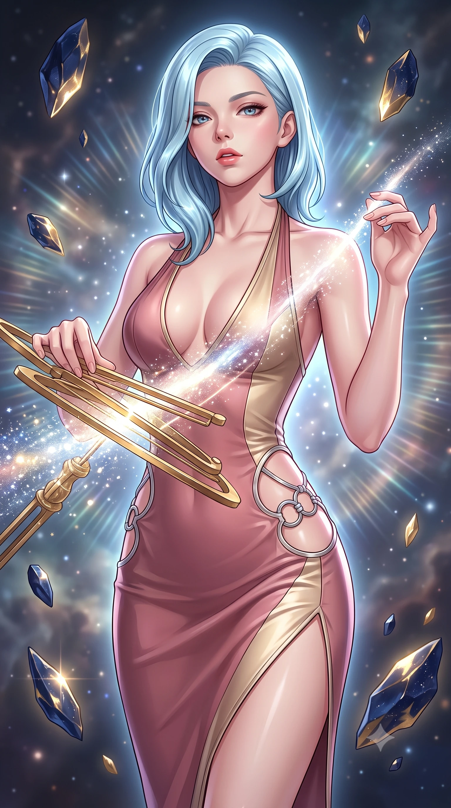 score_9, masterpiece, best quality, ultra-detailed, high-budget anime keyframe, editorial fashion photography, tasteful artistic composition, Korean woman. close-up cowboy shot from the waist and thighs up, the character dominates the composition, filling the frame with her large presence, background elements kept in soft focus. Tilting her chin up slightly with lips parted in a magnetic, composed expression threading brilliant comet dust through a golden celestial loom, floating meteor shards reflecting deep navy and gold hues. She has an exceptionally elegant, slender, and willowy female figure with an ultra-slim waist, a gracefully sculpted slender torso, and a refined silhouette. sharp v-shaped jawline, high-bridge nose, intricate jewel-like eyes with depth, thick eyelashes, glossy lips with a natural sheen. wearing a deep-scoop halter bodycon dress with hip cutouts connected by silver rings in dusty rose and champagne gold, formed from sleek second-skin neoprene, finished with a sleek side slit ascending to mid-thigh, the tailored fabric tightly following every curve of her athletic build. surrounded by a glowing aura of starlight and shimmering celestial rays. highly saturated vibrant anime colors, detailed shading with soft gradients, rich glossy textures, high-contrast stereoscopic depth, volumetric dynamic lighting, master piece, 9:16 ratio