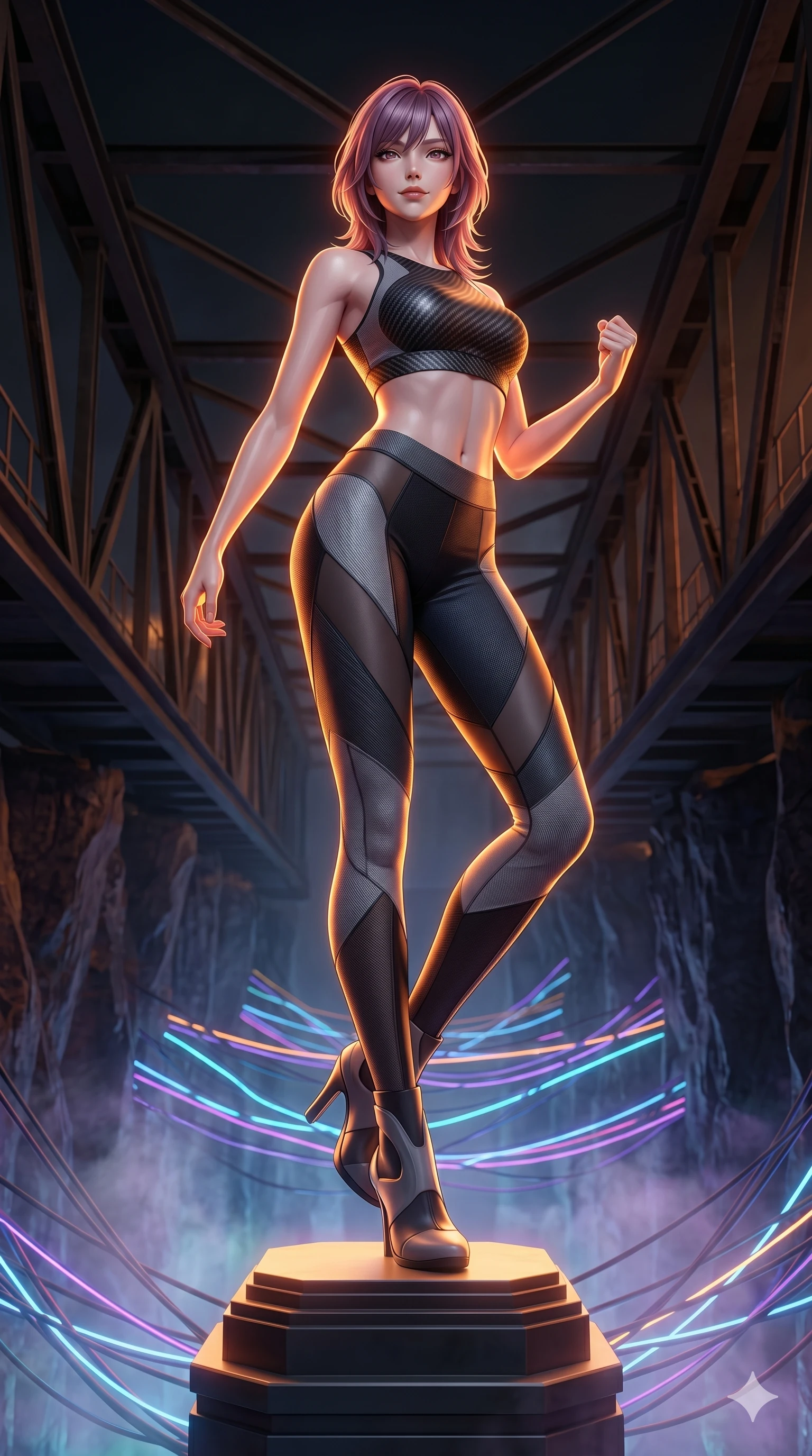 score_9, masterpiece, best quality, ultra-detailed, high-budget anime keyframe, editorial fashion photography, tasteful artistic composition, Japanese woman. low angle full-body shot from head to toe showing her feet, filling the entire 9:16 vertical frame with her statuesque presence, stretching her vertical silhouette. Standing victorious atop a pedestal, her body aligned to catch the volumetric rays of light on a metal bridge crossing a chasm filled with glowing electrical wires, with a soft holographic mist slowly rising from the floor. She has an absolutely perfect 8-heads proportion, an exceptionally tall and slender female figure with impossibly long slender legs and an ultra-slim waist. V-shaped jawline, high-bridge nose, intricate jewel-like eyes with depth, thick eyelashes, glossy lips with a natural sheen. wearing a high-fashion performance crop top with carbon-fiber patterns, paired with asymmetric paneled leggings. drenched in warm amber cinematic rim lighting that traces every contour of her silhouette against the dark. 2k, ultra detail, master piece, 9:16 ratio