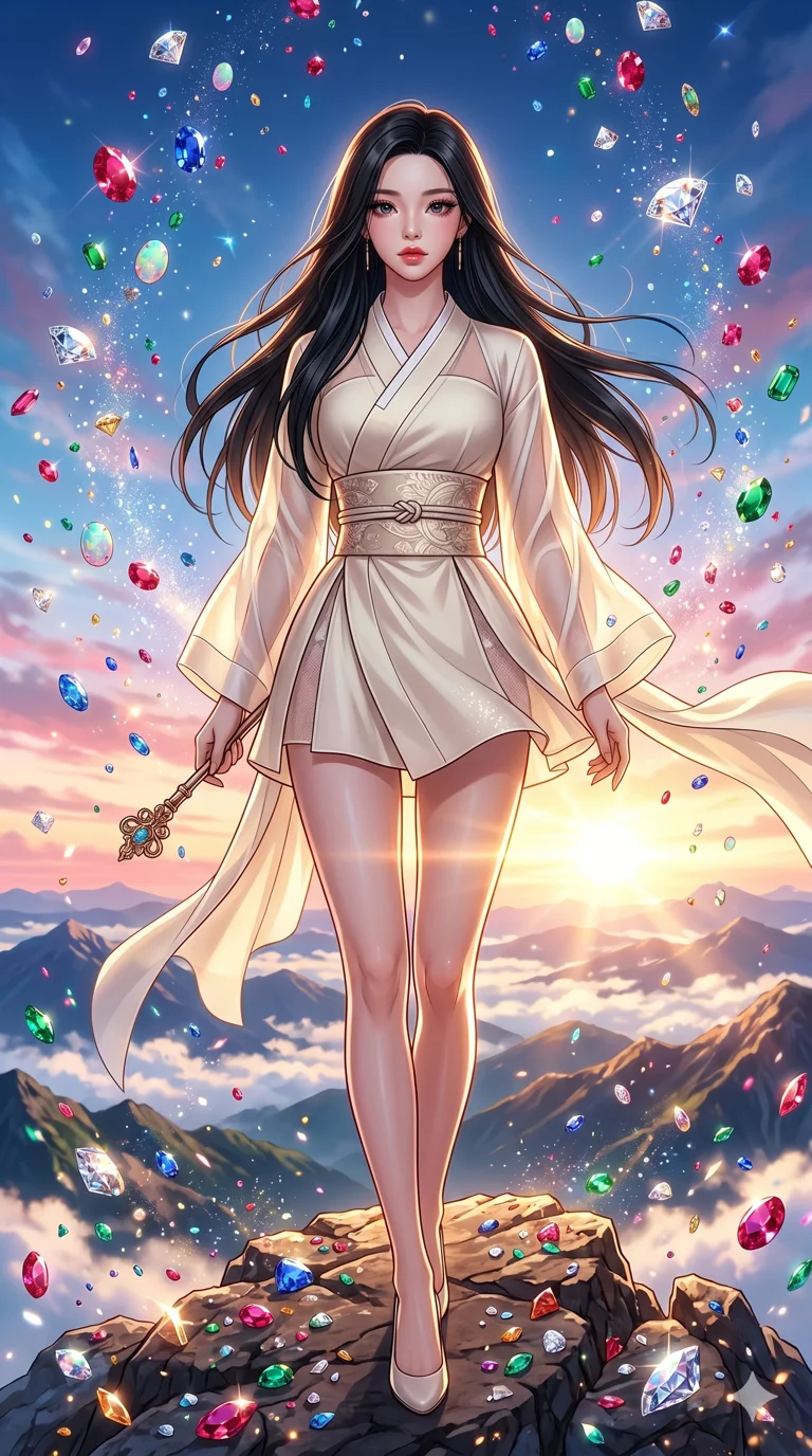 score_9, masterpiece, best quality, ultra-detailed, High-budget Anime Keyframe, beautiful Japanese anime girl. Upper body close-up from the thighs up, character filling the screen for maximum presence. Standing in a rain of colorful jewels on a mountain peak. She has an absolutely perfect 8-heads proportion, an exceptionally tall and slender female figure with impossibly long slender legs and an ultra-slim waist. Sharp v-shaped jawline, high-bridge nose, intricate jewel-like eyes with depth, thick eyelashes, glossy lips with a natural sheen. Wearing a Modern Traditional outfit: ivory shortened cyber-hanbok, kimono-style wrap with wide obi, fusion silk robes with transparent panels. Background is a bright and colorful environment with cinematic lighting, dynamic particle effects, and high-contrast shadows. 2k, ultra detail, master piece, 9:16 ratio