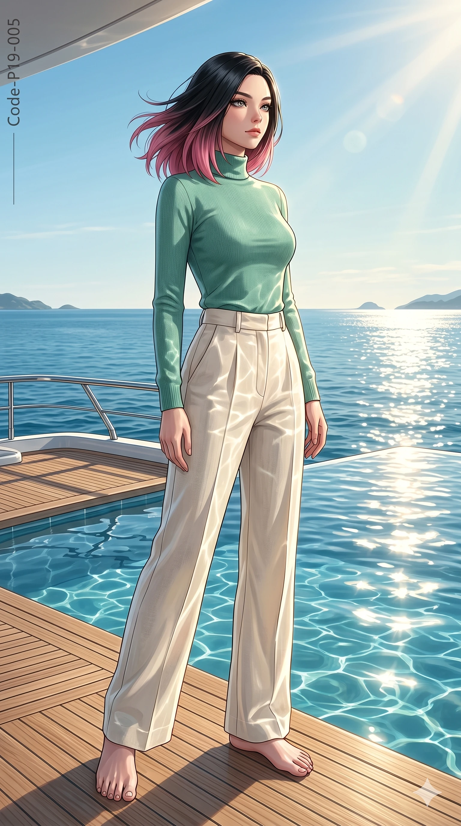 score_9, masterpiece, best quality, ultra-detailed, high-budget anime keyframe, editorial fashion photography, tasteful artistic composition, Korean woman. low angle full-body shot from head to toe showing her feet, filling the entire 9:16 vertical frame with her statuesque presence, stretching her vertical silhouette. standing on the yacht deck, her hair blowing in the wind, looking past the camera with a serene, proud expression beside a shimmering infinity pool that merges with the azure horizon of the sea (Code-P19-005). She has an absolutely perfect 8-heads proportion, an exceptionally tall and slender female figure with impossibly long slender legs and an ultra-slim waist. V-shaped jawline, high-bridge nose, intricate jewel-like eyes with depth, thick eyelashes, glossy lips with a natural sheen. wearing a high-neck long-sleeve knit top in seafoam green organic cotton tucked into high-waist linen pants. drenched in warm morning sunbeams reflecting off the pool ripples, dancing across her body. 2k, ultra detail, master piece, 9:16 ratio