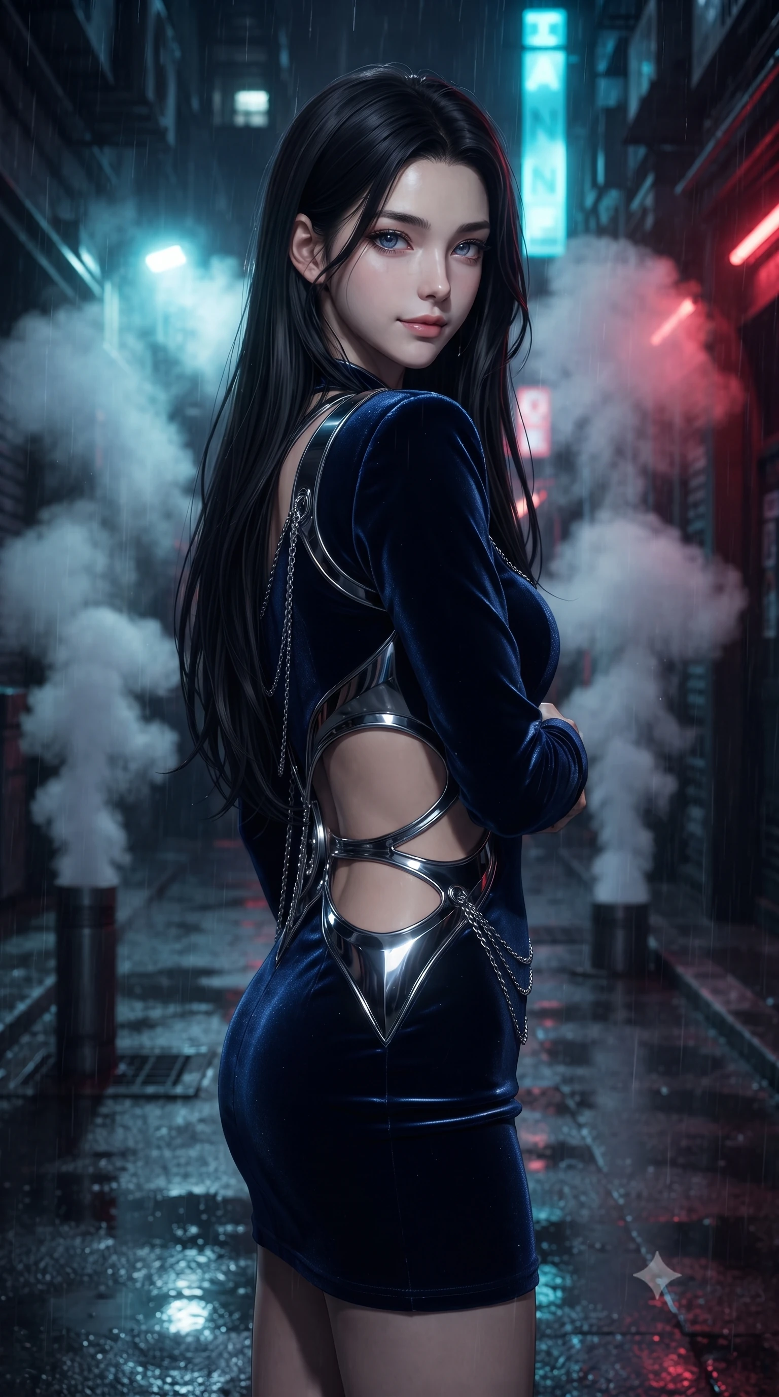 score_9, masterpiece, best quality, ultra-detailed, high-budget anime keyframe, editorial fashion photography, tasteful artistic composition, Korean woman. close-up cowboy shot from the waist and thighs up, the character dominates the composition, filling the frame with her large presence, background elements kept in soft focus. Smiling with quiet, magnetic self-assurance directly into the camera, looking back over her shoulder in a dark futuristic alley filled with steam vents, thick steam rising from dark street vents into the cool night air. She has an exceptionally elegant, slender, and willowy female figure with an ultra-slim waist, a gracefully sculpted slender torso, and a refined silhouette. sharp v-shaped jawline, high-bridge nose, intricate jewel-like eyes with depth, thick eyelashes, glossy lips with a natural sheen. wearing dramatic open-waist cutout mini dress in dark velvet framed by chrome hardware in midnight navy blue, made of sculpted obsidian metallic chrome, framed by dark titanium buckles and silver chain details, contouring every curve with an exceptionally elegant silhouette. lit by sharp neon key light cutting through dense dark steam and rain. ultra-reflective glossy finish, specular highlights, metallic sheen, high-contrast stereoscopic depth, volumetric dynamic lighting, 2k, ultra detail, master piece, 9:16 ratio