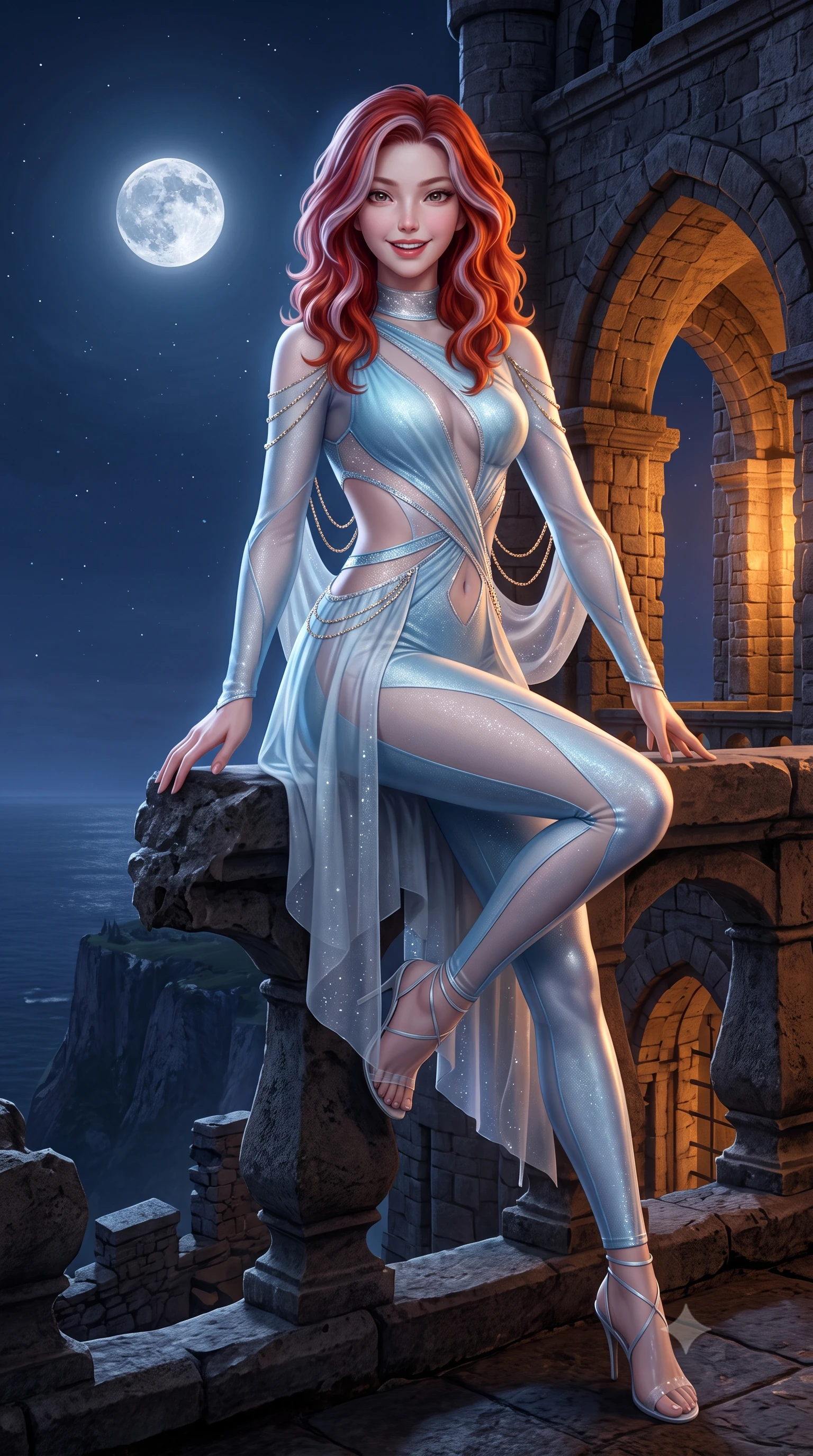 score_9, masterpiece, best quality, ultra-detailed, high-budget anime keyframe, semi-realistic 3D game render, editorial fashion photography, tasteful artistic composition, Caucasian woman. low angle full-body shot from head to toe showing her feet, filling the entire 9:16 vertical frame with her statuesque presence, stretching her vertical silhouette. stepping slowly toward the camera with hypnotic grace, hips swaying in an alluring sensual rhythm that accentuates her curvy hourglass silhouette and long slender legs while sitting perched on the stone parapet with one knee bent and legs extended, flashing a radiant, playful smile with parted glossy lips. The surrounding environment is rendered in vivid detail and crisp panoramic clarity: detailed translucent silk chiffon wrap robe drape, strappy underwire bralette cling, and medieval cliffside architecture in razor-sharp precision. She has an exceptionally tall and slender model-like 8.5-heads proportion, an ultra-slim waist, a flat toned midriff, narrow delicate ribcage, and beautifully sculpted feminine hips creating a graceful, slim hourglass silhouette without any bulky heaviness, with impossibly long slender legs. sharp v-shaped jawline, high-bridge nose, intricate jewel-like sparkling eyes with depth, thick eyelashes, glossy parted lips with a natural peach sheen, bright cheerful beaming smile with an enchanting and coquettish sensual glint, exuding both youthful cute charm and seductive allure, flawlessly proportioned anatomical accuracy, strict slender model proportions, natural body alignment, perfectly sculpted long slender limbs, ultra-slim waistline, clean dynamic posture without body distortion. wearing an ultra-daring sheer vinyl-trimmed illusion mesh catsuit with strategic translucent cutouts along her hips and torso in Tromsø icy arctic blue and frosted platinum, made of fluid liquid jersey with seamless sculpting hold and smooth contours, accented with an open-back drape framed by falling strands of delicate gold chains, the precision-cut side openings and low-back scoop framing her graceful spine and the sensual sweep of her slim, toned hips. bathed in cool silver moonlight balanced with warm 2600K amber uplights illuminating ancient stone arches. highly saturated vibrant anime colors, detailed shading with soft gradients, rich glossy textures, high-contrast stereoscopic depth, volumetric dynamic lighting, master piece, 9:16 ratio