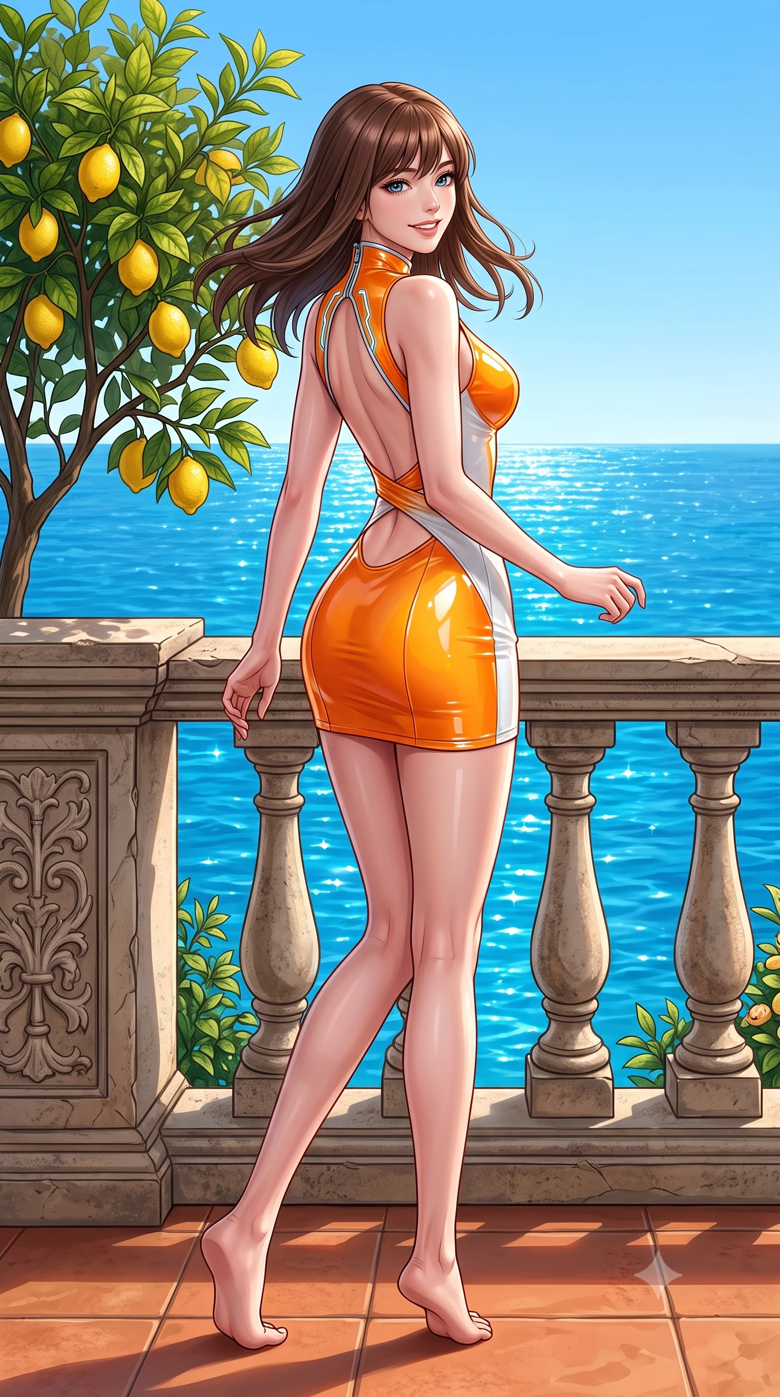 score_9, masterpiece, best quality, ultra-detailed, high-budget anime keyframe, semi-realistic 3D game render, editorial fashion photography, tasteful artistic composition, Korean woman. low angle full-body shot from head to toe showing her feet, filling the entire 9:16 vertical frame with her statuesque presence, stretching her vertical silhouette. pivoting dynamically in mid-motion with a breathtakingly alluring posture, displaying her flawless model proportions and ultra-slim waist while pivoting dynamically on a terracotta balcony overlooking the sparkling sapphire sea with a bright, magnetic smile. The surrounding environment is rendered in vivid detail and crisp panoramic clarity. detailed lemon and orange textures, terracotta tile floor patterns, and stone balustrade carvings in deep focus. She has an absolutely perfect, statuesque 8.5-heads proportion, an exceptionally tall and slender model-like female figure with impossibly long slender legs, a toned flat midriff, and an ultra-slim waist. sharp v-shaped jawline, high-bridge nose, intricate jewel-like eyes with depth, thick eyelashes, glossy lips with a natural sheen, flawlessly proportioned anatomical accuracy, strict slender model proportions, natural body alignment, perfectly sculpted long slender limbs, ultra-slim waistline, clean dynamic posture without body distortion. wearing a second-skin fashion-latex mini dress with a clean architectural front, featuring an open-back design that wraps around the sides of her waist, showcasing her slender silhouette in vivid sunset amber orange and cloud white, formed from high-gloss patent material with specular light reflections, featuring a dangerously unzipped neckline framed by glowing cybernetic accents, the form-contouring material adhering flawlessly to her sculpted flat midriff and slender torso, emphasizing her long leg lines and perfectly proportioned willowy build. surrounded by a romantic, fresh, and captivatingly luxurious Mediterranean palace aura. highly saturated vibrant anime colors, detailed shading with soft gradients, rich glossy textures, high-contrast stereoscopic depth, volumetric dynamic lighting, master piece, 9:16 ratio