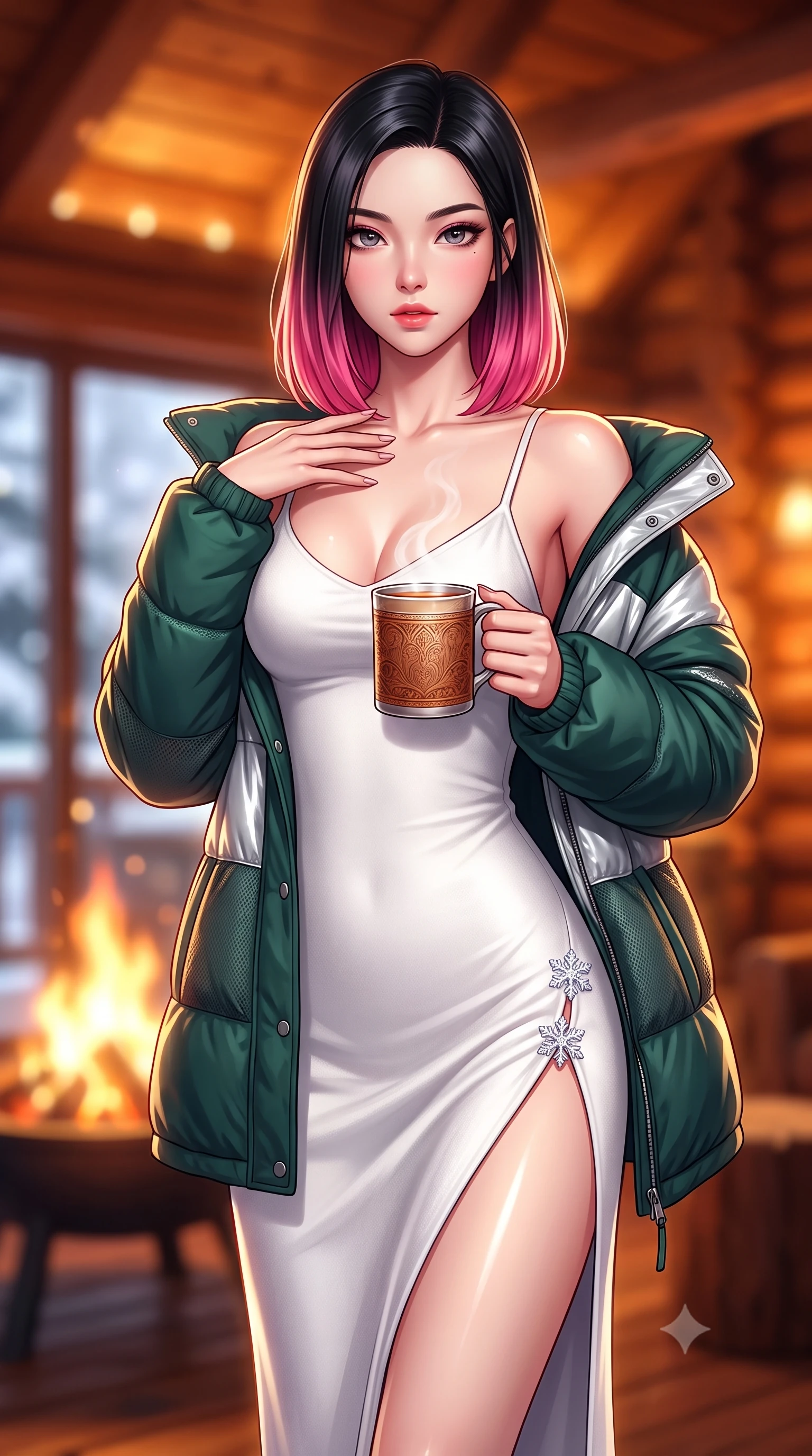 score_9, masterpiece, best quality, ultra-detailed, high-budget anime keyframe, semi-realistic 3D game render, editorial fashion photography, tasteful artistic composition, Korean woman. close-up cowboy shot from the waist and thighs up, the character dominates the composition, filling the frame with her large presence. resting one manicured hand delicately on her bare collarbone, her upper body twisting in a fluid, voluptuous yet slender curve while holding a steaming mug of spiced cider with both hands, looking over the steaming rim with sparkling, romantic eyes. The composition keeps background elements in soft focus with creamy bokeh. warm glowing chalet timber interiors and outdoor fire pit flames softened in cozy shallow depth of field. She has an exceptionally elegant, slender, and willowy female figure with an ultra-slim waist, a gracefully sculpted slender torso, toned flat midriff, and a refined slim silhouette. sharp v-shaped jawline, high-bridge nose, intricate jewel-like eyes with depth, thick eyelashes, glossy parted lips with a natural sheen, intensely captivating and seductive expression, flawlessly proportioned anatomical accuracy, strict slender model proportions, natural body alignment, perfectly sculpted long slender limbs, ultra-slim waistline, clean dynamic posture without body distortion. wearing a luxurious snow-white cashmere slip gown layered under an unbuttoned oversized down jacket in deep spruce green and liquid silver, made of thermal technical mesh with sheer ventilation panels, accented with an ultra-high side slit secured by crystal snowflake clasps, the liquid-tight tailored fabric emphasizing every curve of her tall, slender model proportions and sculptured silhouette during dynamic movement. illuminated by bright specular snow reflections tracing her sculpted collarbones, waist, and long limbs. highly saturated vibrant anime colors, detailed shading with soft gradients, rich glossy textures, high-contrast stereoscopic depth, volumetric dynamic lighting, master piece, 9:16 ratio
