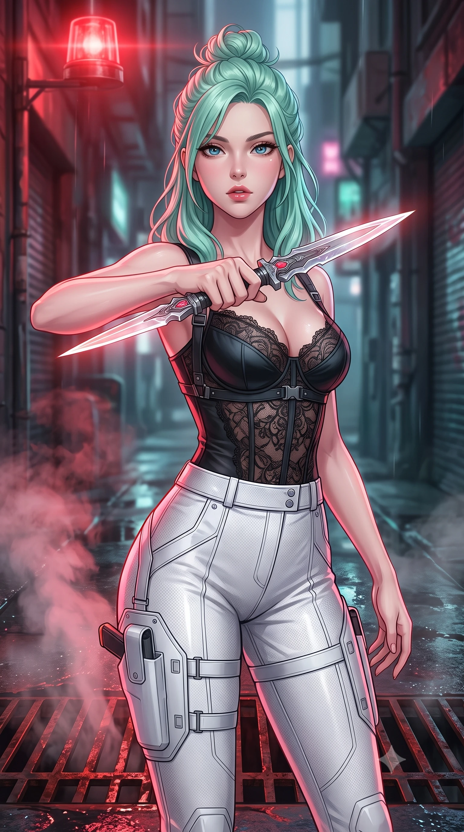 score_9, masterpiece, best quality, ultra-detailed, high-budget anime keyframe, editorial fashion photography, tasteful artistic composition, Japanese woman. close-up cowboy shot from the waist and thighs up, the character dominates the composition, filling the frame with her large presence, background elements kept in soft focus. pointing a crystal-edged laser dagger forward in a defensive stance, tilting her chin up slightly with lips parted in a composed pose, the background shows a soft-focus a wet cyberpunk alleyway filled with steam rising from rusted iron grates. She has an exceptionally elegant, slender, and willowy female figure with an ultra-slim waist, a gracefully sculpted slender torso, and a refined silhouette. sharp v-shaped jawline, high-bridge nose, intricate jewel-like eyes with depth, thick eyelashes, glossy lips with a natural sheen. wearing a slim-fit delicate lace combat corset top in black silk, paired with high-waisted white carbon-weave trousers. underground steam vents catching a pulsing crimson warning beacon light from above. highly saturated vibrant anime colors, detailed shading with soft gradients, rich glossy textures, high-contrast stereoscopic depth, volumetric dynamic lighting, master piece, 9:16 ratio