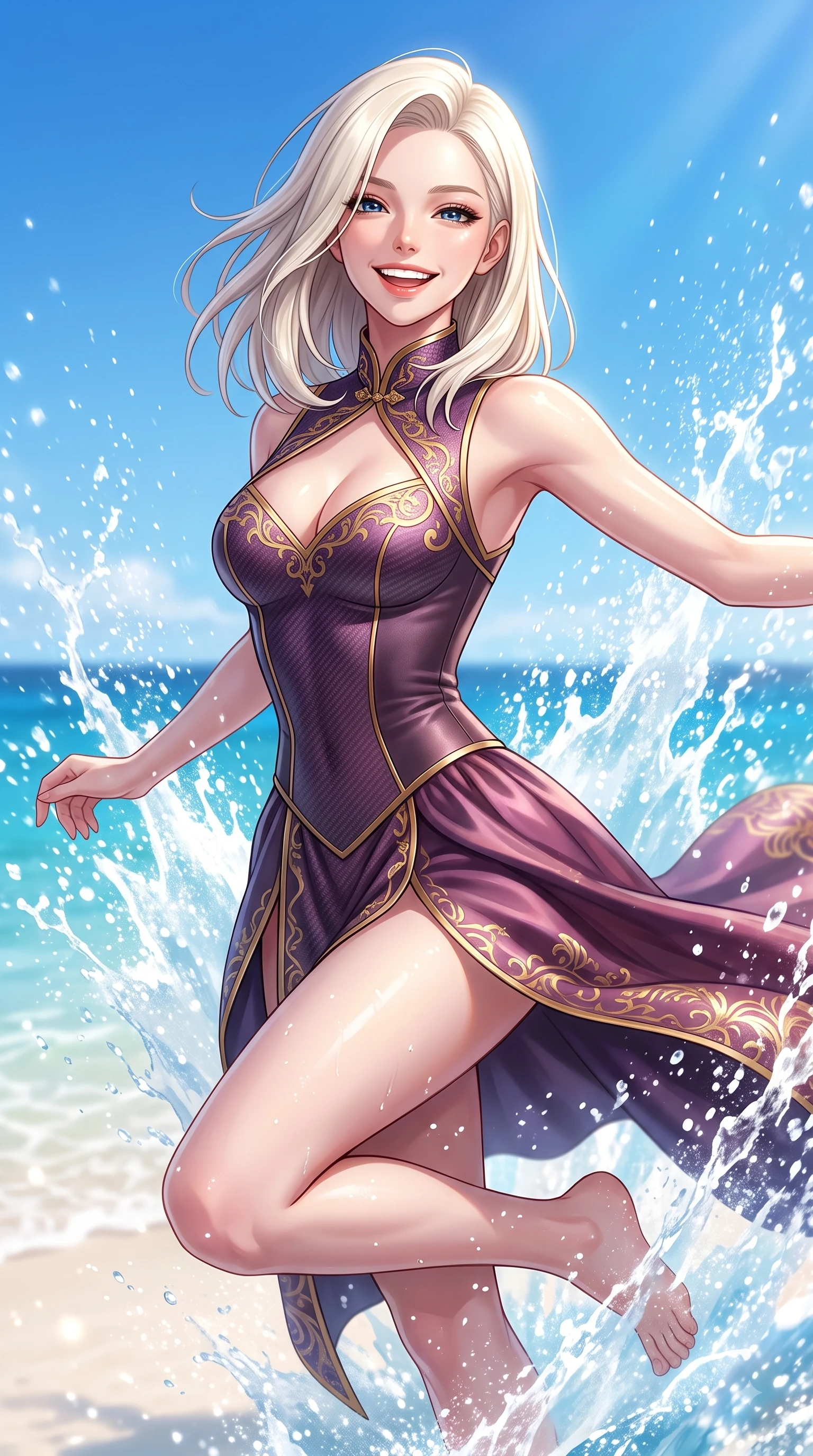 score_9, masterpiece, best quality, ultra-detailed, high-budget anime keyframe, editorial fashion photography, tasteful artistic composition, Caucasian woman. close-up cowboy shot from the waist and thighs up, the character dominates the composition, filling the frame with her large presence, background elements kept in soft focus. Tilting her chin up with a beaming smile of pure delight while balancing dynamically amidst the scene while leaping with a radiant bright smile into the sparkling sea spray under a clear blue sky, soft white sand contrasting beautifully with rich ocean azure and vibrant sky blue hues. She has an exceptionally elegant, slender, and willowy female figure with an ultra-slim waist, a gracefully sculpted slender torso, and a refined silhouette. sharp v-shaped jawline, high-bridge nose, intricate jewel-like eyes with depth, thick eyelashes, glossy lips with a natural sheen, flawlessly proportioned anatomical accuracy, natural body alignment, perfectly sculpted elegant limbs, clean dynamic posture without body distortion. wearing a modern fusion silk hanbok dress with a structured bodice and flowing skirt in plum purple and gold filigree, made of fine carbon-fiber weave and soft matte leather, accented with a Tasteful chest slit framing her clavicle gracefully, the tailored fabric tightly following every curve of her athletic build. bathed in brilliant tropical sunshine and glittering ocean water refractions. highly saturated vibrant anime colors, detailed shading with soft gradients, rich glossy textures, high-contrast stereoscopic depth, volumetric dynamic lighting, master piece, 9:16 ratio
