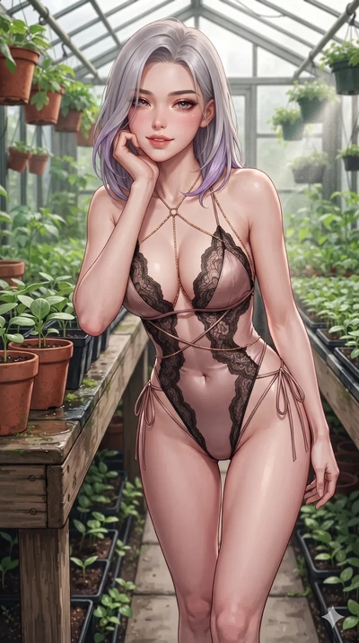Caucasian woman. resting one elbow on the potting bench and supporting her chin, leaning close to the camera with heavy-lidded sparkling eyes and parted lips while stepping slowly down the narrow aisle between green seedling flats with feline poise, hips swaying in an alluring rhythm. The surrounding environment is rendered in vivid detail and...