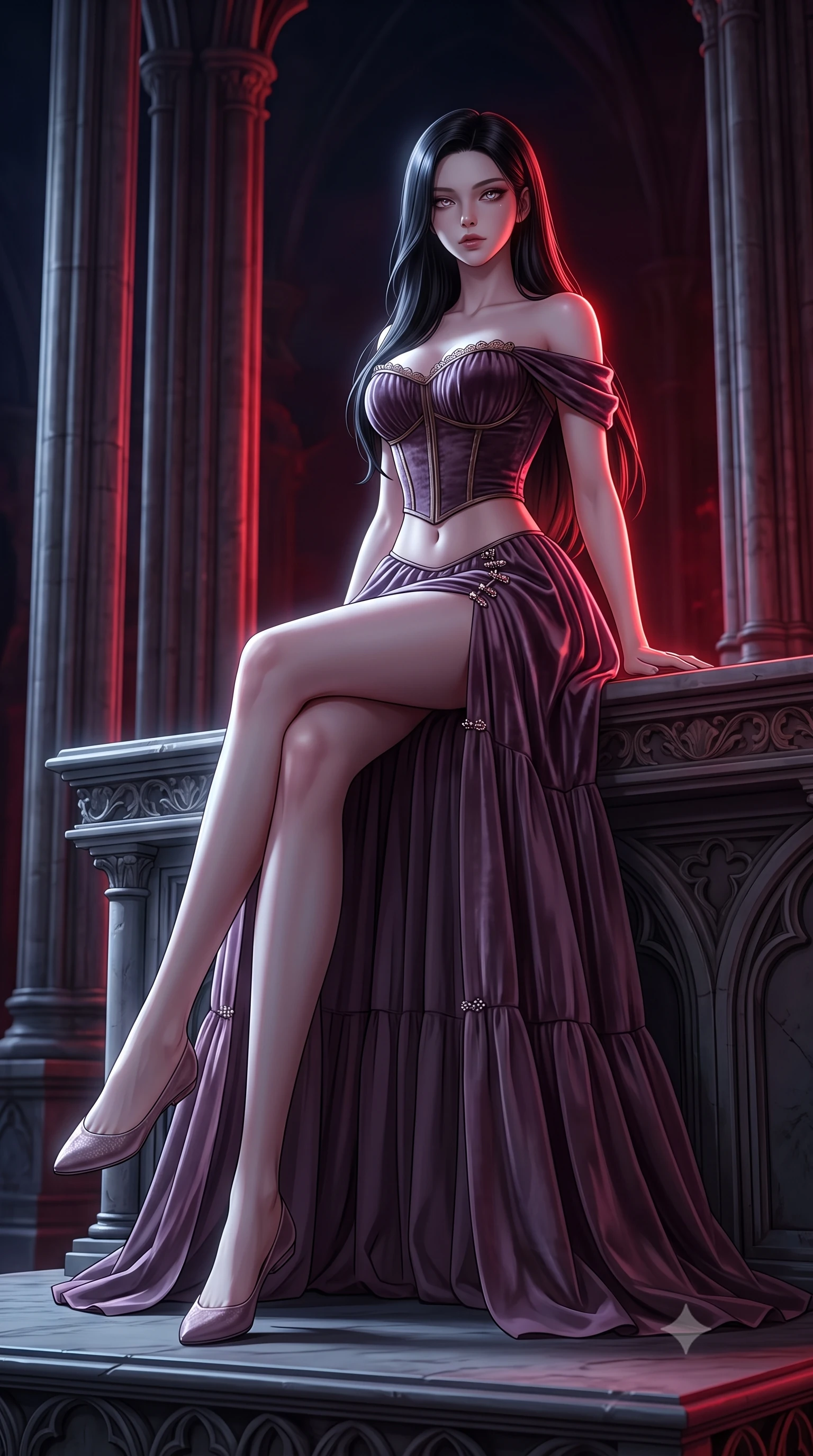 score_9, masterpiece, best quality, ultra-detailed, high-budget anime keyframe, semi-realistic 3D game render, editorial fashion photography, tasteful artistic composition, Korean woman. low angle full-body shot from head to toe showing her feet, filling the entire 9:16 vertical frame with her statuesque presence, stretching her vertical silhouette. sitting poised on the elevated edge with legs crossed and extended, her tall 8.5-heads proportions dominating the scene with effortless poise while standing poised between towering fluted stone columns, eyes glowing with hypnotic intensity under the velvet night sky. The surrounding environment is rendered in vivid detail and crisp panoramic clarity. monumental high-contrast gothic chiaroscuro and sacred nocturnal architecture in sharp clarity. She has an absolutely perfect, statuesque 8.5-heads proportion, an exceptionally tall and slender model-like female figure with impossibly long slender legs, a toned flat midriff, and an ultra-slim waist. sharp v-shaped jawline, high-bridge nose, intricate jewel-like eyes with depth, thick eyelashes, glossy parted lips with a natural sheen, intensely captivating and seductive expression, flawlessly proportioned anatomical accuracy, strict slender model proportions, natural body alignment, perfectly sculpted long slender limbs, ultra-slim waistline, clean dynamic posture without body distortion. wearing an off-shoulder Victorian corset bodice dress paired with a tiered gathered chiffon slit skirt in dusky plum violet and antique bronze, crafted from heavyweight crushed silk velvet with liquid luster, finished with an ultra-high side slit secured by miniature jeweled clasps, the glove-like aerodynamic second-skin fit tightly clinging to her ultra-slender waist and feminine curves without adding bulk. bathed in surreal blood-red lunar eclipse backlighting and cool silver ambient fill. highly saturated vibrant anime colors, detailed shading with soft gradients, rich glossy textures, high-contrast stereoscopic depth, volumetric dynamic lighting, master piece, 9:16 ratio