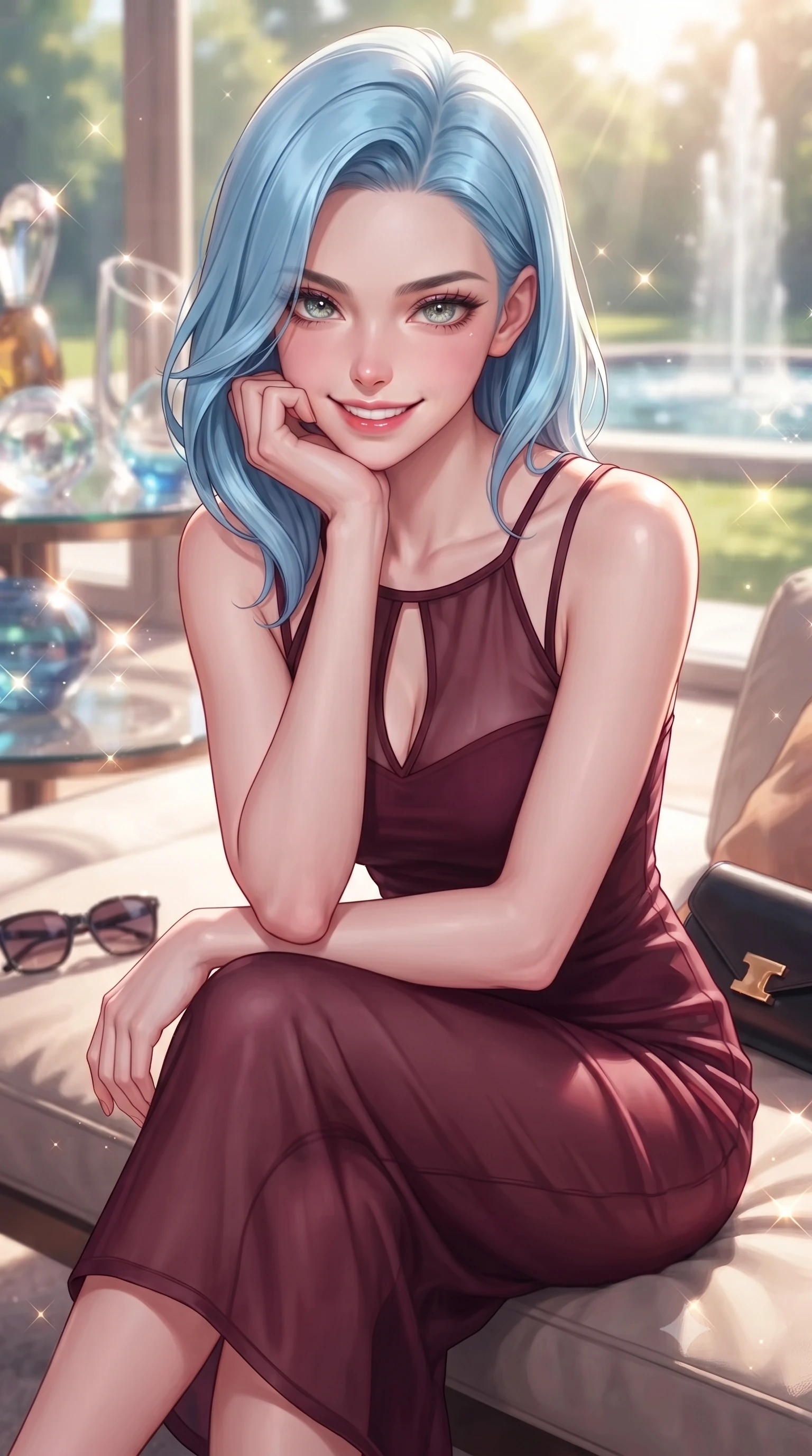 score_9, masterpiece, best quality, ultra-detailed, high-budget anime keyframe, editorial fashion photography, tasteful artistic composition, Korean woman. close-up cowboy shot from the waist and thighs up, the character dominates the composition, filling the frame with her large presence, background elements kept in soft focus. flashing a sweet yet tantalizing grin, resting her chin on the back of her hand with intense eye contact set against a soft-focus background of inside an exclusive art atelier with a pair of designer sunglasses and a sleek leather clutch bag on the lounger. She has an exceptionally elegant, slender, and willowy female figure with an ultra-slim waist, a gracefully sculpted slender torso, and a refined silhouette. sharp v-shaped jawline, high-bridge nose, intricate jewel-like eyes with depth, thick eyelashes, glossy lips with a natural sheen. wearing tailored deep burgundy sheer organza body-hugging knit midi dress with a tasteful keyhole neckline cutout and thin shoulder straps featuring refined tailored seams. lit by crisp morning sun rays creating sparkling glints on polished glass and water. highly saturated vibrant anime colors, detailed shading with soft gradients, rich glossy textures, high-contrast stereoscopic depth, volumetric dynamic lighting, master piece, 9:16 ratio