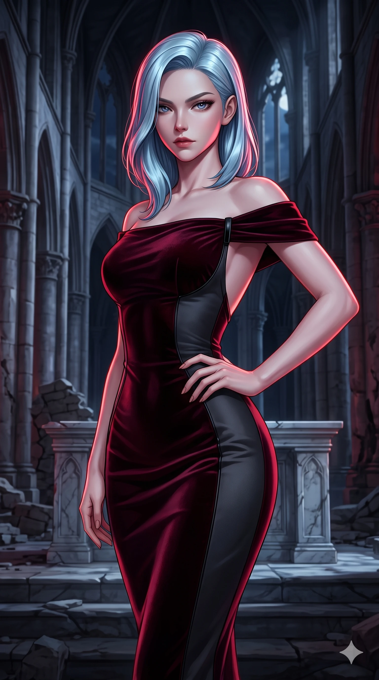score_9, masterpiece, best quality, ultra-detailed, high-budget anime keyframe, semi-realistic 3D game render, editorial fashion photography, tasteful artistic composition, Korean woman. close-up cowboy shot from the waist and thighs up, the character dominates the composition, filling the frame with her large presence. twisting her slender torso in a deep contrapposto stance, hips dramatically shifted to accentuate her feminine curves while holding a confident power pose with one hand on her hip beside the soaring stone nave pillars, looking into the lens with dangerous intensity. The background shows a soft-focus ancient ruined European cathedral softened in gothic nocturnal shallow focus. She has an exceptionally elegant, slender, and willowy female figure with an ultra-slim waist, flat toned midriff, narrow ribcage, and sculpted feminine hips creating an alluring, slim hourglass silhouette without bulk. sharp v-shaped jawline, high-bridge nose, intricate jewel-like dark sparkling eyes with hypnotic seductive depth, thick curled eyelashes, glossy parted lips with a natural wine sheen, alluring bedroom-eyes with an enigmatic smoldering smile, exuding magnetic sovereign charisma and dark avant-garde glamour, flawlessly proportioned anatomical accuracy, strict slender model proportions, natural body alignment, perfectly sculpted long slender limbs, ultra-slim waistline, clean dynamic posture without body distortion. wearing a form-contouring off-shoulder dark velvet bodycon midi dress with low-back scoop in deep crimson burgundy and matte charcoal, tailored from soft dark satin with subtle light-absorbing depth, adorned with minimalist black onyx hardware framing the silhouette, accentuating her gracefully sculpted slender torso and statuesque proportions. illuminated by moonlit altar marble bounce and sharp blood-ruby rim lights sculpting her razor-sharp jawline, narrow waist, and curvy hips. highly saturated vibrant anime colors, detailed shading with soft gradients, rich glossy textures, high-contrast stereoscopic depth, volumetric dynamic lighting, master piece, 9:16 ratio