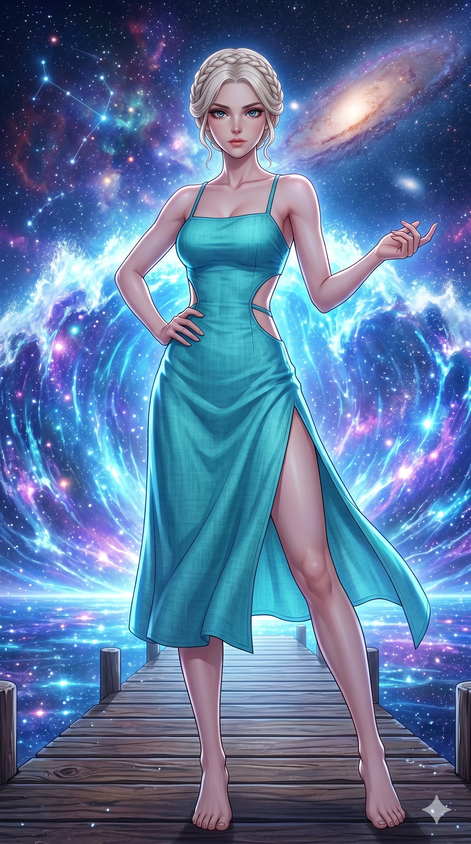 score_9, masterpiece, best quality, ultra-detailed, High-budget Anime Keyframe, beautiful Japanese anime girl. Low angle cowboy shot filling the entire 9:16 frame with her statuesque presence. Standing on a pier as a giant wave of light crashes behind her in a cosmic ocean. She has an absolutely perfect 8-heads proportion, an exceptionally tall and slender female figure with impossibly long slender legs and an ultra-slim waist. Sharp v-shaped jawline, high-bridge nose, intricate jewel-like eyes with depth, thick eyelashes, glossy lips with a natural sheen. Wearing a Seasonal/Resort outfit: turquoise linen sundress with side cut-outs and a high side slit. Background is a bright and colorful starry sea with a glowing blue wave and nebula sky. 2k, ultra detail, master piece, 9:16 ratio
