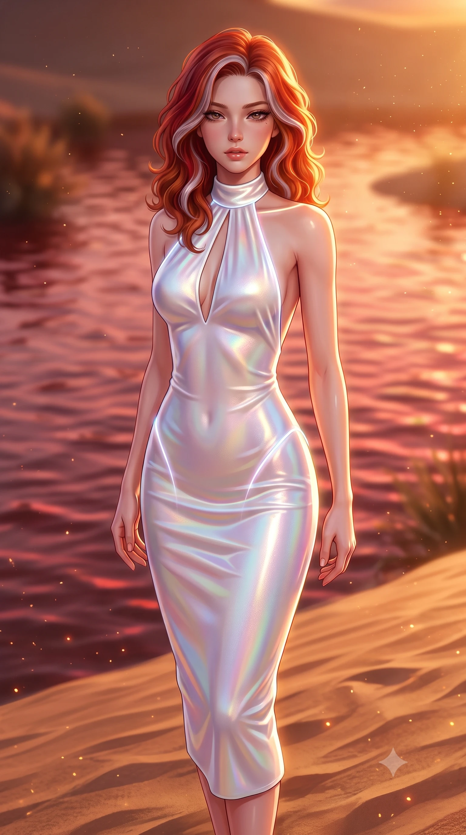 score_9, masterpiece, best quality, ultra-detailed, high-budget anime keyframe, semi-realistic 3D game render, editorial fashion photography, tasteful artistic composition, Caucasian woman. close-up cowboy shot from the waist and thighs up, the character dominates the composition, filling the frame with her large presence. casting a slow, smoldering gaze beneath heavy lashes with parted glossy lips, her head slightly tilted in captivating self-assurance while standing with sovereign poise on a wind-swept sand ridge as crimson sunset light paints the rippling oasis water. The composition keeps background elements in soft focus with creamy bokeh. warm golden hour dust motes scattering radiant sunset glow across the background. She has an exceptionally elegant, slender, and willowy female figure with an ultra-slim waist, a gracefully sculpted slender torso, toned flat midriff, and a refined slim silhouette. sharp v-shaped jawline, high-bridge nose, intricate jewel-like eyes with depth, thick eyelashes, glossy lips with a natural sheen, flawlessly proportioned anatomical accuracy, strict slender model proportions, natural body alignment, perfectly sculpted long slender limbs, ultra-slim waistline, clean dynamic posture without body distortion. wearing a velvet halter-neck midi dress fitting her statuesque contour flawlessly with a Tasteful chest slit and open spine in glistening liquid pearl white with rainbow opalescence, made of smooth iridescent silk chiffon that shifts colors with movement, accented with glowing fiber-optic seams tracing her collarbones and hip curves, the form-contouring material adhering flawlessly to her sculpted flat midriff and slender torso, emphasizing her long leg lines and perfectly proportioned willowy build. bathed in blazing golden hour sunset radiance and warm amber horizon fill light. highly saturated vibrant anime colors, detailed shading with soft gradients, rich glossy textures, high-contrast stereoscopic depth, volumetric dynamic lighting, master piece, 9:16 ratio