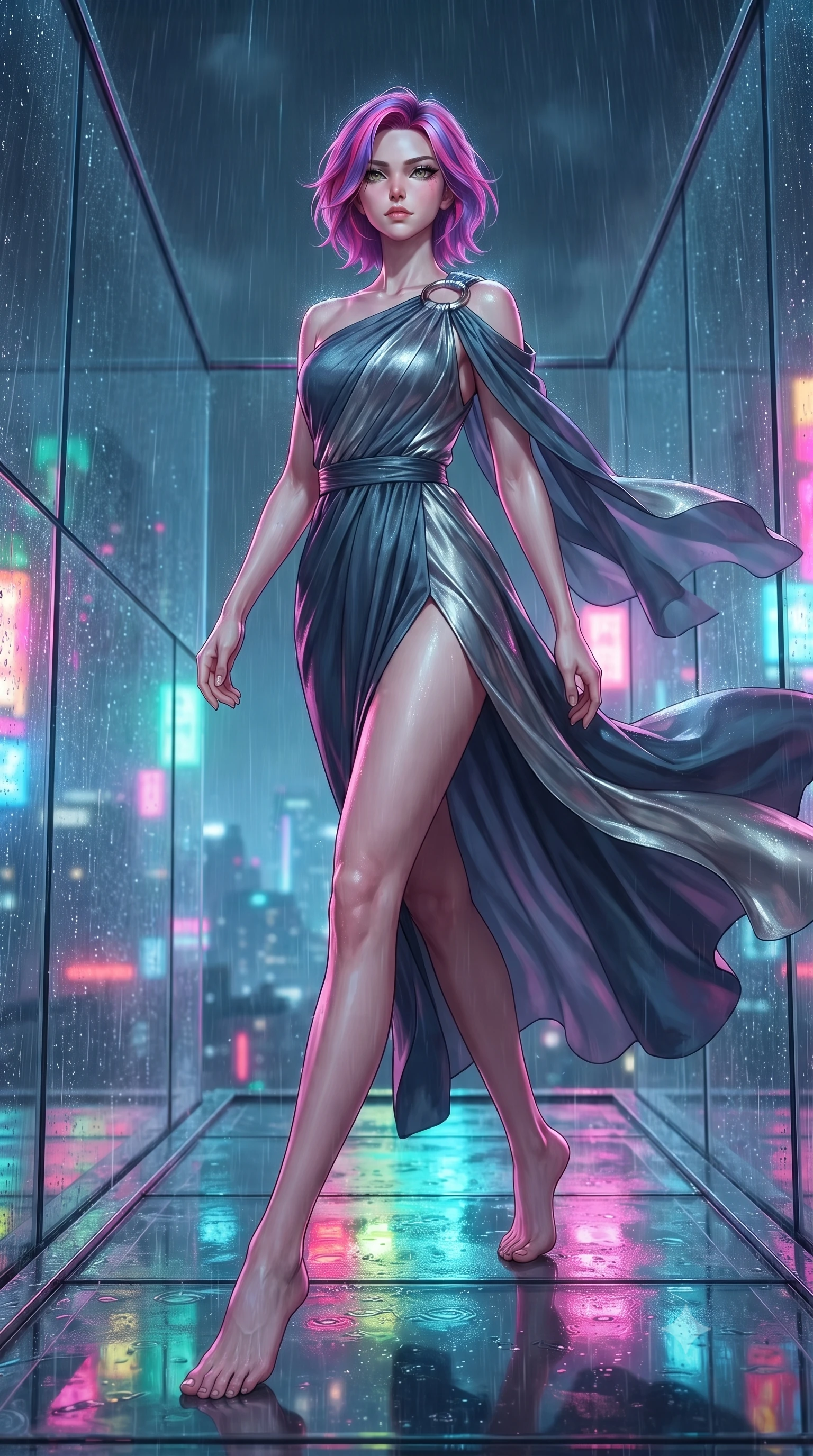 score_9, masterpiece, best quality, ultra-detailed, high-budget anime keyframe, editorial fashion photography, tasteful artistic composition, Caucasian woman. low angle full-body shot from head to toe showing her feet, filling the entire 9:16 vertical frame with her statuesque presence, stretching her vertical silhouette. stepping forward in a proud dynamic stride, her vertical silhouette filling the frame with statuesque presence while standing dynamically on the glass ledge of a 100th-floor rooftop during a neon rainstorm, fluttering lightweight attire catching the high-altitude rainy wind. She has an absolutely perfect, statuesque 8.5-heads proportion, an exceptionally tall and slender model-like female figure with impossibly long slender legs and an ultra-slim waist. sharp v-shaped jawline, high-bridge nose, intricate jewel-like eyes with depth, thick eyelashes, glossy lips with a natural sheen, flawlessly proportioned anatomical accuracy, natural body alignment, perfectly sculpted elegant limbs, clean dynamic posture without body distortion. wearing an asymmetrical Grecian draped chiffon gown with a metallic shoulder ring in slate blue and metallic silver, crafted from smooth liquid silk, finished with a sleek side slit ascending to mid-thigh, the glove-like fit emphasizing her statuesque silhouette during motion. drenched in wet neon reflections with brilliant specular highlights on her silhouette. ultra-reflective glossy finish, specular highlights, metallic sheen, high-contrast stereoscopic depth, volumetric dynamic lighting, 2k, ultra detail, master piece, 9:16 ratio