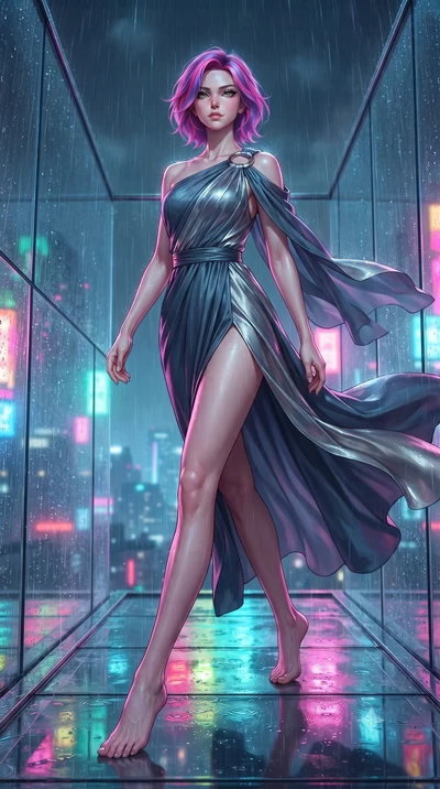 score_9, masterpiece, best quality, ultra-detailed, high-budget anime keyframe, editorial fashion photography, tasteful artistic composition, Caucasian woman. low angle full-body shot from head to toe showing her feet, filling the entire 9:16 vertica