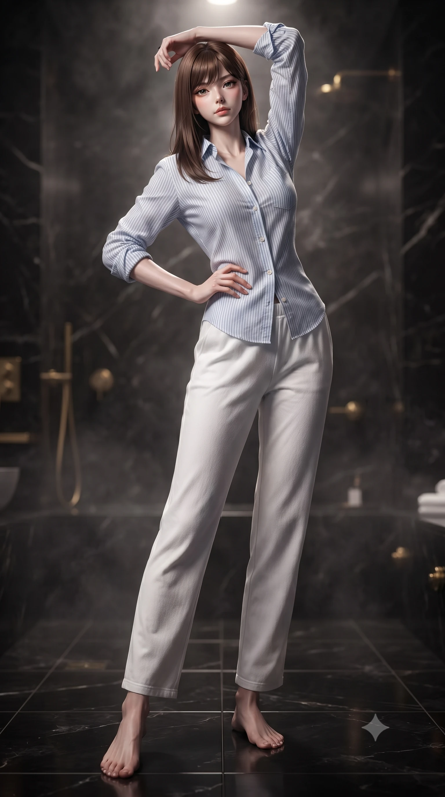 score_9, masterpiece, best quality, ultra-detailed, high-budget anime keyframe, editorial fashion photography, tasteful artistic composition, Korean woman woman. low angle full-body shot from head to toe showing her feet, filling the entire 9:16 vertical frame with her statuesque presence, stretching her vertical silhouette. posing confidently with one hand on her hip, stretching her statuesque body to emphasize her curves the background shows a soft-focus a private steam room built of dark obsidian stone with gold accents. She has an absolutely perfect, statuesque 8.5-heads proportion, an exceptionally tall and slender model-like female figure with impossibly long slender legs and an ultra-slim waist. sharp v-shaped jawline, high-bridge nose, intricate jewel-like eyes with depth, thick eyelashes, glossy lips with a natural sheen. wearing a slim-fit soft striped linen button-down shirt and relaxed-fit white cotton lounge pants. dramatic chiaroscuro lighting focusing on her athletic, slender build. ultra-reflective glossy finish, specular highlights, metallic sheen, high-contrast stereoscopic depth, volumetric dynamic lighting, 2k, ultra detail, master piece, 9:16 ratio