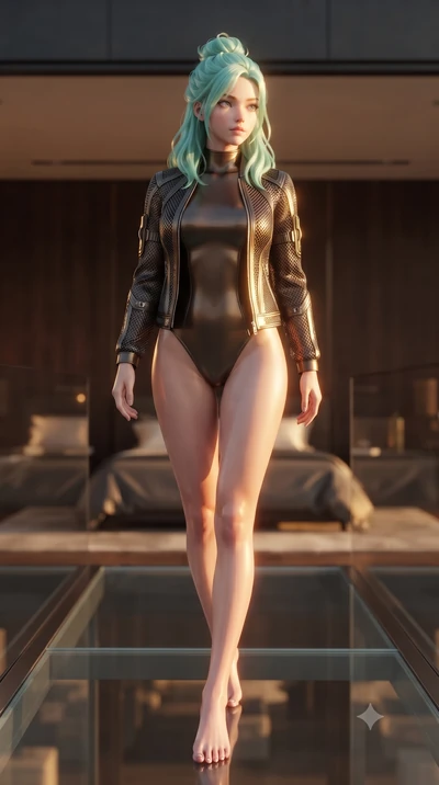 score_9, masterpiece, best quality, ultra-detailed, high-budget anime keyframe, editorial fashion photography, tasteful artistic composition, Japanese woman. low angle full-body shot from head to toe showing her feet, filling the entire 9:16 vertical