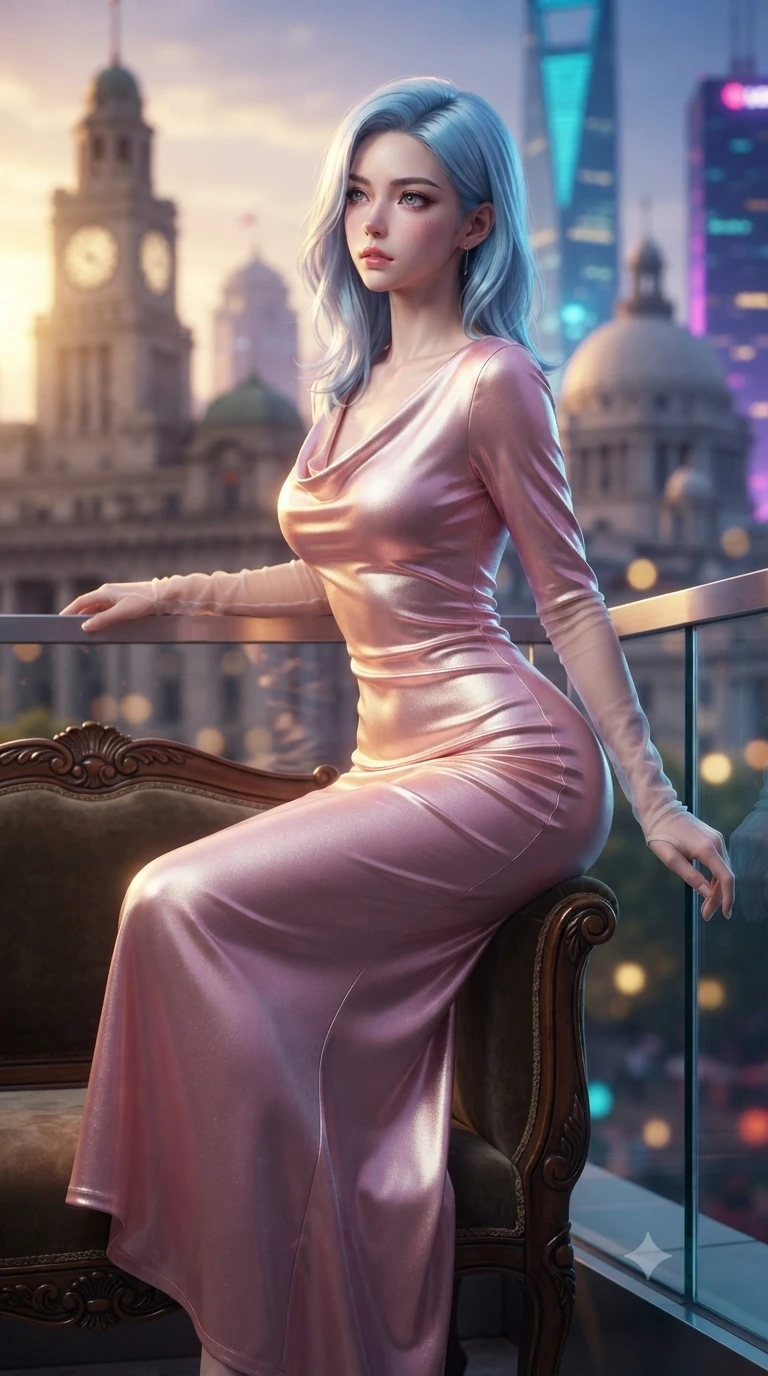 score_9, masterpiece, best quality, ultra-detailed, high-budget anime keyframe, editorial fashion photography, tasteful artistic composition, Korean woman. close-up cowboy shot from the waist and thighs up, the character dominates the composition, filling the frame with her large presence. perched sideways on the vintage settee, one knee drawn up to showcase her slender leg line while her arched back accentuates her feminine hip curve while leaning against the aerodynamic glass balustrade with hips cocked back, gazing into the glittering twilight expanse with intoxicating bedroom-eyes. The background shows a soft-focus classical colonial stone clock towers and neoclassical domes blending into soaring cyberpunk neon skyscrapers blurred into gold, cyan, and deep violet bokeh. She has an exceptionally elegant, slender, and willowy female figure with an ultra-slim waist, flat toned midriff, narrow ribcage, and sculpted feminine hips creating an alluring, slim hourglass silhouette without bulk. sharp v-shaped jawline, high-bridge nose, intricate jewel-like sparkling eyes with depth, thick eyelashes, glossy parted lips with a natural sheen, intensely captivating and seductive bedroom-eyes expression, exuding both youthful cute charm and sovereign luxury allure, flawlessly proportioned anatomical accuracy, strict slender model proportions, natural body alignment, perfectly sculpted long slender limbs, ultra-slim waistline, clean dynamic posture without body distortion. wearing a modest long-sleeve cowl-neck satin column gown draping gracefully to the floor with aristocratic poise in sakura blossom pink and warm ivory, crafted from luxurious metallic lamé that shifts radiance with every step, complemented by sheer opera-length evening gloves tracing her slender arms, the bespoke structured tailoring following the natural line of her 8.5-heads silhouette with refined elegance. bathed in the dramatic dual twilight lighting: warm golden sunset rays from the heritage west and cool vibrant neon from the futuristic east. ultra-reflective glossy finish, specular highlights, rich textural contrasts, high-contrast stereoscopic depth, volumetric dynamic lighting, 2k, ultra detail, master piece, 9:16 ratio