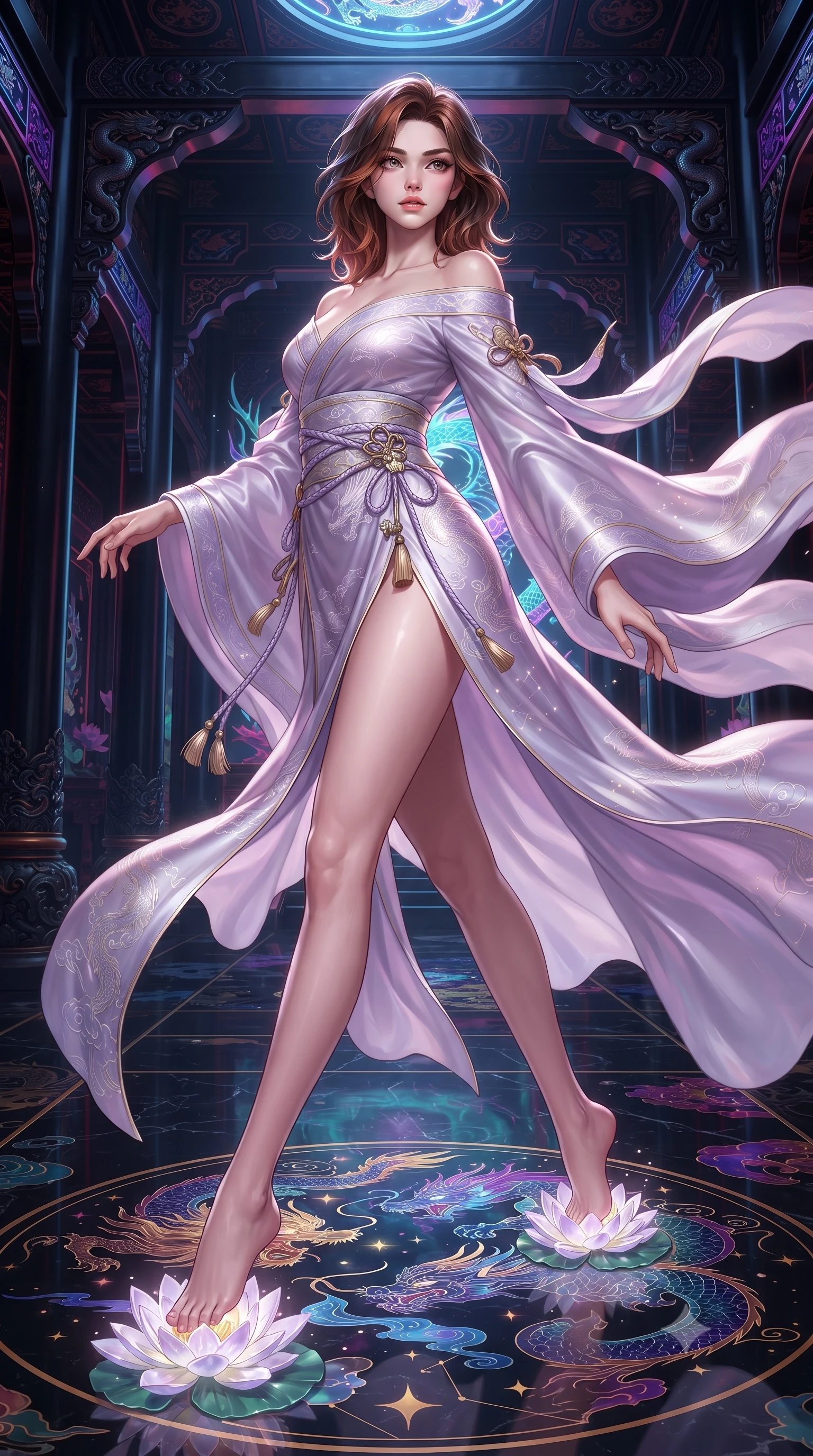 score_9, masterpiece, best quality, ultra-detailed, high-budget anime keyframe, editorial fashion photography, tasteful artistic composition, Korean woman. low angle full-body shot from head to toe showing her feet, filling the entire 9:16 vertical frame with her statuesque presence, stretching her vertical silhouette. pivoting dynamically with supreme athletic balance and poise, her impossibly long slender legs creating a breathtaking line while stepping lightly across floating crystal water lilies that chime with soft musical tones under her feet. The surrounding environment is rendered in vivid detail and crisp panoramic clarity. vibrant high-contrast oriental sci-fi chiaroscuro and imperial dragon sanctuary aesthetics in precision. She has an absolutely perfect, statuesque 8.5-heads proportion, an exceptionally tall and slender model-like female figure with impossibly long slender legs, a toned flat midriff, and an ultra-slim waist. sharp v-shaped jawline, high-bridge nose, intricate jewel-like eyes with depth, thick eyelashes, glossy lips with a natural sheen, captivating and magnetic expression, flawlessly proportioned anatomical accuracy, strict slender model proportions, natural body alignment, perfectly sculpted long slender limbs, ultra-slim waistline, clean dynamic posture without body distortion. wearing an off-shoulder celestial kimono gown with fluttering silk drapes and a high side slit in ethereal lilac mist and pearlescent white, woven from fine mulberry silk with metallic thread embroidery, accessorized with delicate gold bell tassels and braided silk cords, the liquid-tight tailored fabric emphasizing every curve of her tall, slender model proportions and sculptured silhouette during dynamic movement. surrounded by a royal, mythical, and deeply revered dragon palace guardian princess aura. ultra-reflective glossy finish, specular highlights, rich textural contrasts, high-contrast stereoscopic depth, volumetric dynamic lighting, 2k, ultra detail, master piece, 9:16 ratio