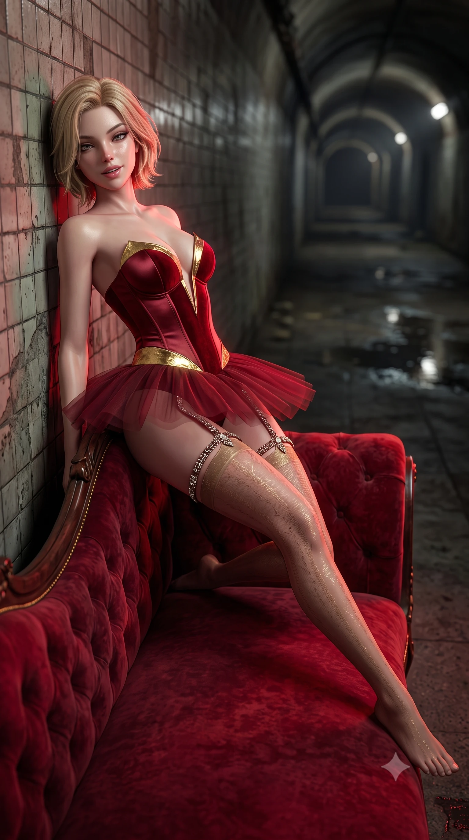 score_9, masterpiece, best quality, ultra-detailed, high-budget anime keyframe, semi-realistic 3D game render, editorial fashion photography, tasteful artistic composition, Caucasian woman. low angle full-body shot from head to toe showing her feet, filling the entire 9:16 vertical frame with her statuesque presence, stretching her vertical silhouette. reclining gracefully across the plush chaise lounge with one leg extended, her sculpted silhouette and flat midriff radiating magnetic nocturnal glamour while leaning against the weathered tiled tunnel wall with hips cocked back, looking into the darkness with an alluring, parted-lip smile. The background shows a soft-focus distant tunnel vanishing points softened in gritty underground shallow focus. She has an absolutely perfect, statuesque 8.5-heads proportion, an exceptionally tall and slender model-like female figure with impossibly long slender legs, an ultra-slim waist, a flat toned midriff, narrow delicate ribcage, and beautifully sculpted feminine hips creating a graceful, slim hourglass silhouette without any bulky heaviness. sharp v-shaped jawline, high-bridge nose, sparkling eyes with hypnotic seductive depth, thick curled eyelashes, glossy parted lips with a natural dewy peach sheen, alluring bedroom-eyes with an enchanting coquettish smile, exuding magnetic siren charisma and sophisticated glamour, flawlessly proportioned anatomical accuracy, strict slender model proportions, natural body alignment, perfectly sculpted long slender limbs, ultra-slim waistline, clean dynamic posture without body distortion. wearing a plunging sweetheart-neckline boned satin ballet bustier paired with an ultra-short sheer tulle micro-tutu and silk stockings in royal opera house crimson velvet and shimmering gold leaf, woven from buttery-soft stretch lambskin leather adhering to her body like a second skin, finished with delicate crystal-encrusted thigh garter straps glinting under the lights, the form-contouring silhouette accentuating her sculpted flat midriff, narrow delicate ribcage, and gracefully curvy hips with intoxicating allure. illuminated by wet track puddle bounce and sharp deep-red rim lights sculpting her jawline, flat midriff, and voluptuous hip curves. highly saturated vibrant anime colors, detailed shading with soft gradients, rich glossy textures, high-contrast stereoscopic depth, volumetric dynamic lighting, master piece, 9:16 ratio